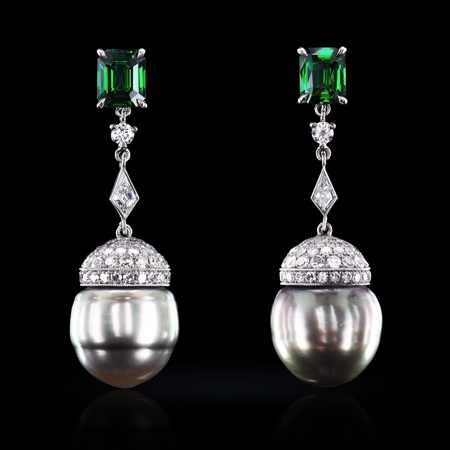 Contemporary Leon Mege Bespoke Platinum Drop Earrings with Tsavorite Garnets and Grey Pearls For Sale