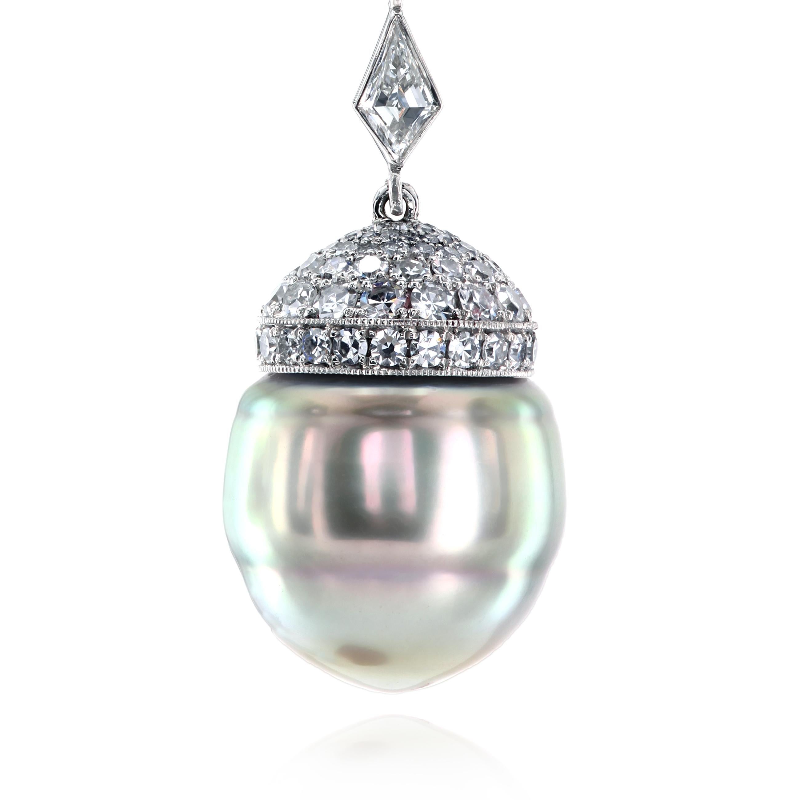 Emerald Cut Leon Mege Bespoke Platinum Drop Earrings with Tsavorite Garnets and Grey Pearls For Sale