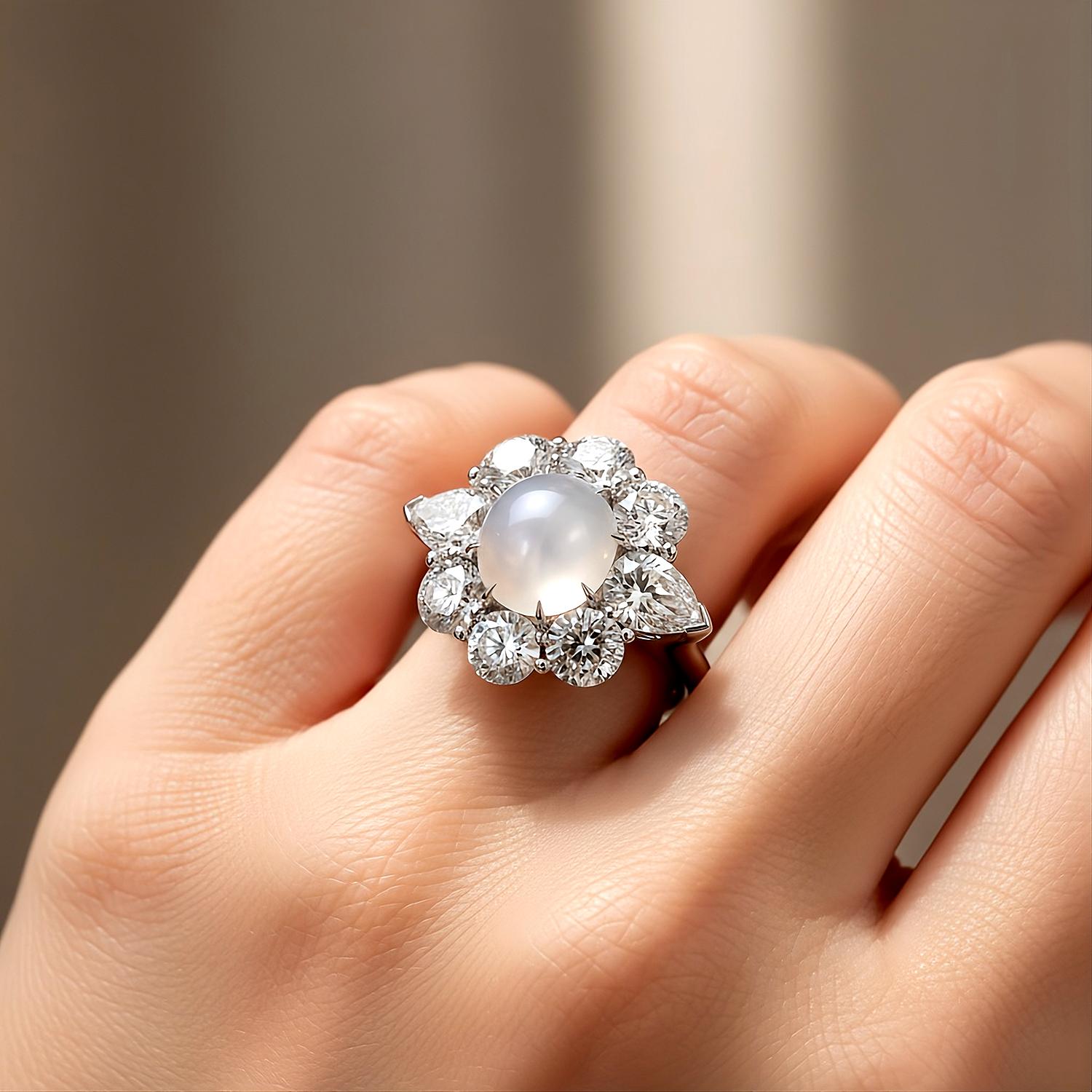 Bague à grappes Leon Mege avec jade de glace, OEC et diamants anciens en forme de poire Pour femmes en vente