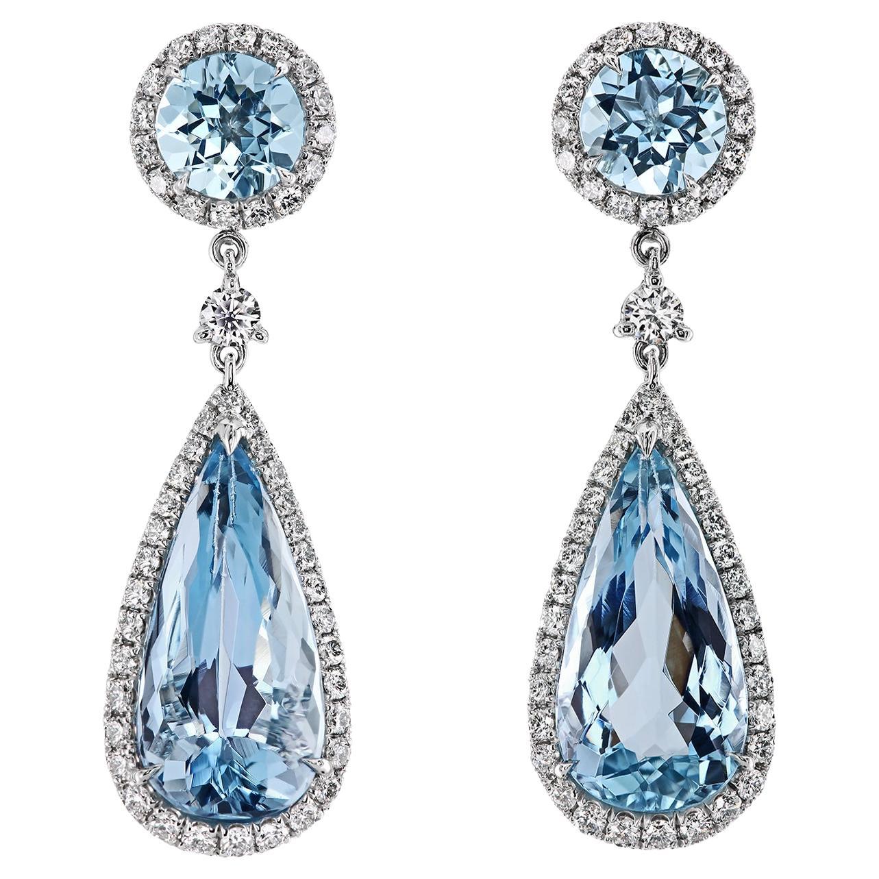 Leon Mege Convertible Drop Earrings with Diamonds and Aquamarines in Platinum For Sale