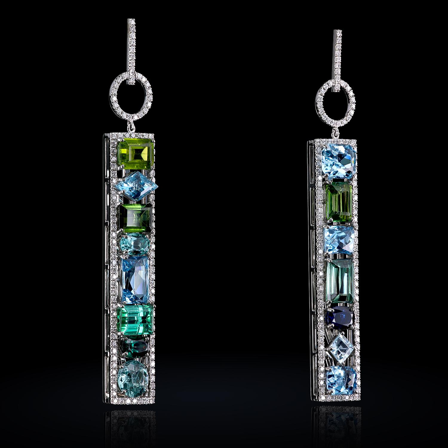 Contemporary Leon Mege couture tourmaline aquamarine sapphire diamond platinum earrings  For Sale