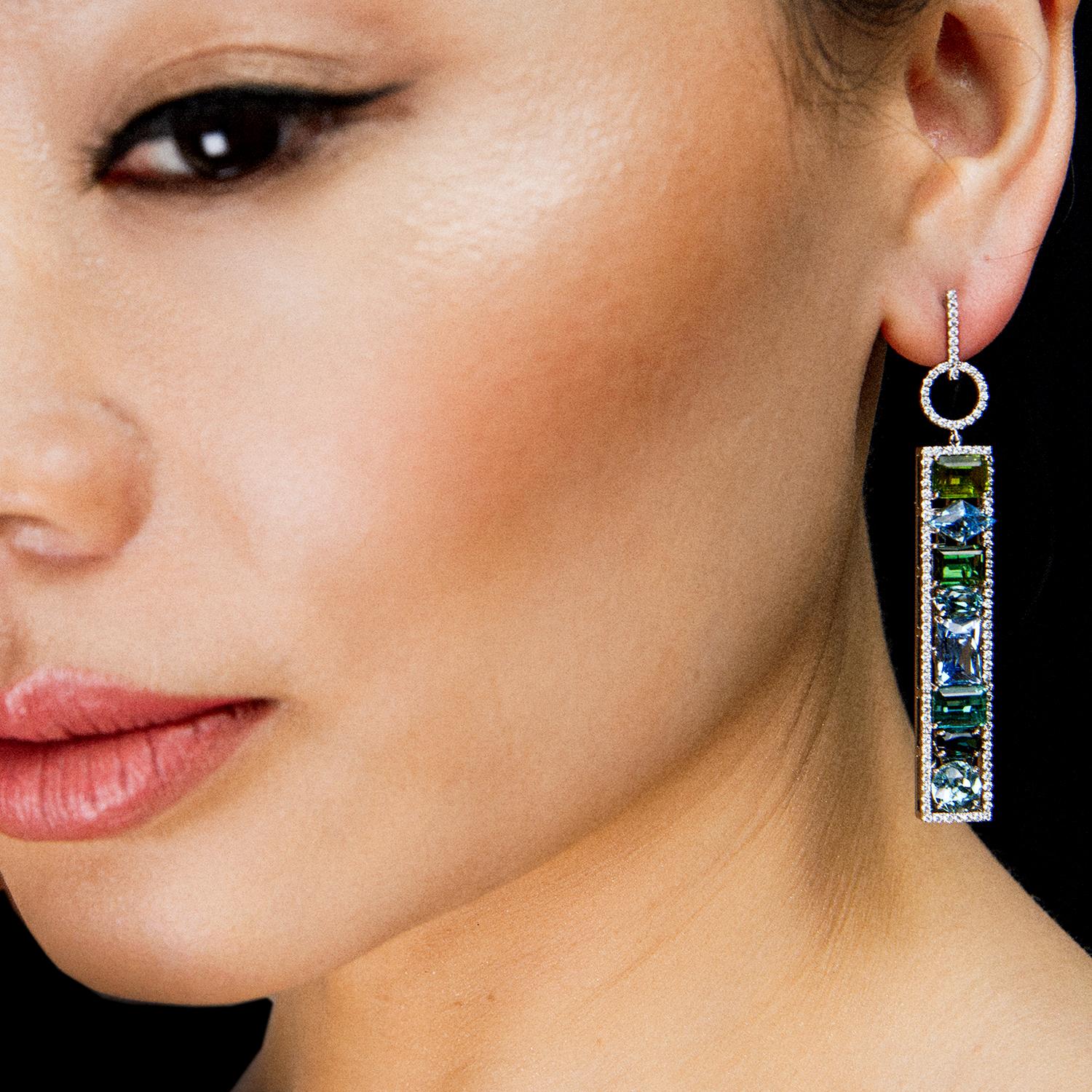 Round Cut Leon Mege couture tourmaline aquamarine sapphire diamond platinum earrings  For Sale