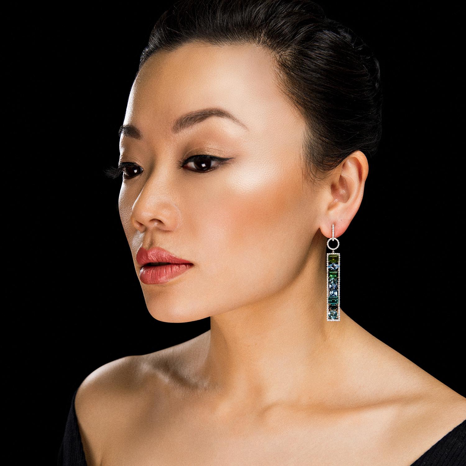 Women's Leon Mege couture tourmaline aquamarine sapphire diamond platinum earrings  For Sale