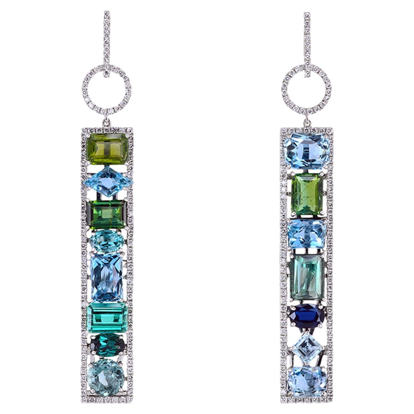 Leon Mege couture tourmaline aquamarine sapphire diamond platinum earrings  For Sale