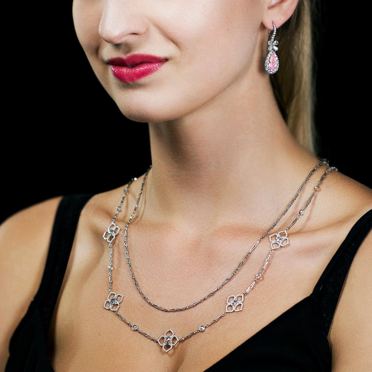 Pear Cut Leon Mege diamond chandelier earrings with pear-shape morganites  For Sale
