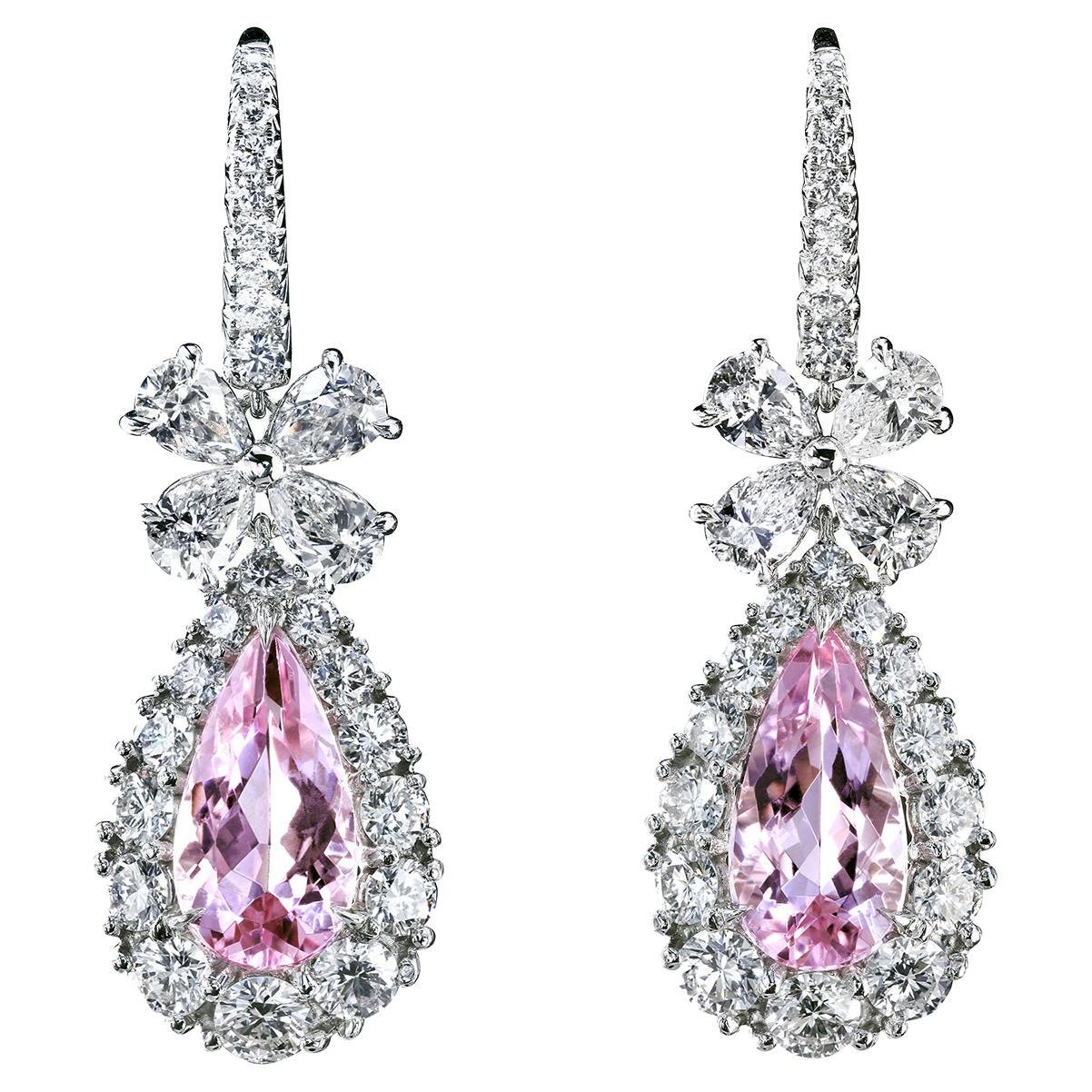 Leon Mege diamond chandelier earrings with pear-shape morganites  For Sale
