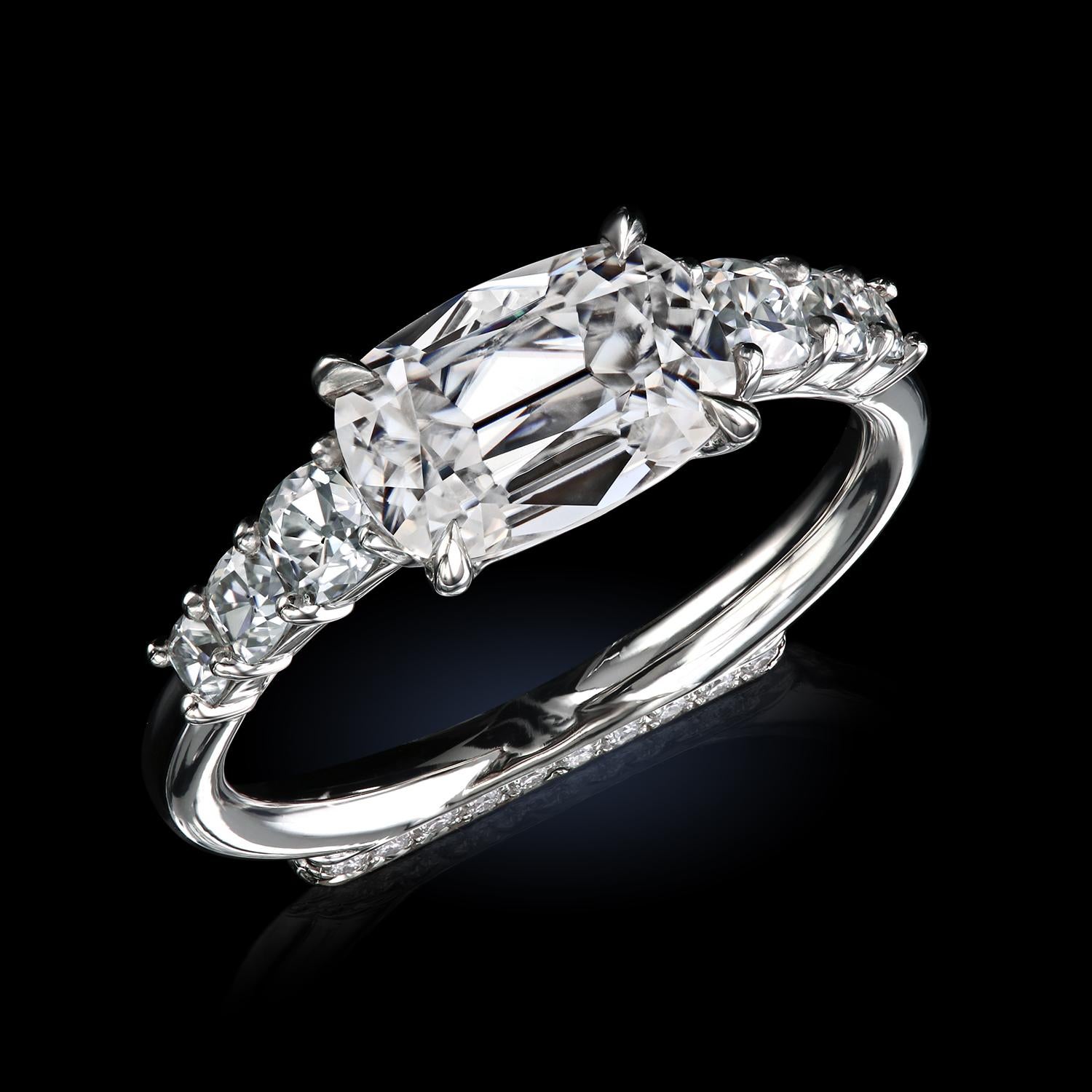 Leon Mege East-West Engagement Ring Features Rare True Antique Cushion Diamond In New Condition For Sale In New York, NY