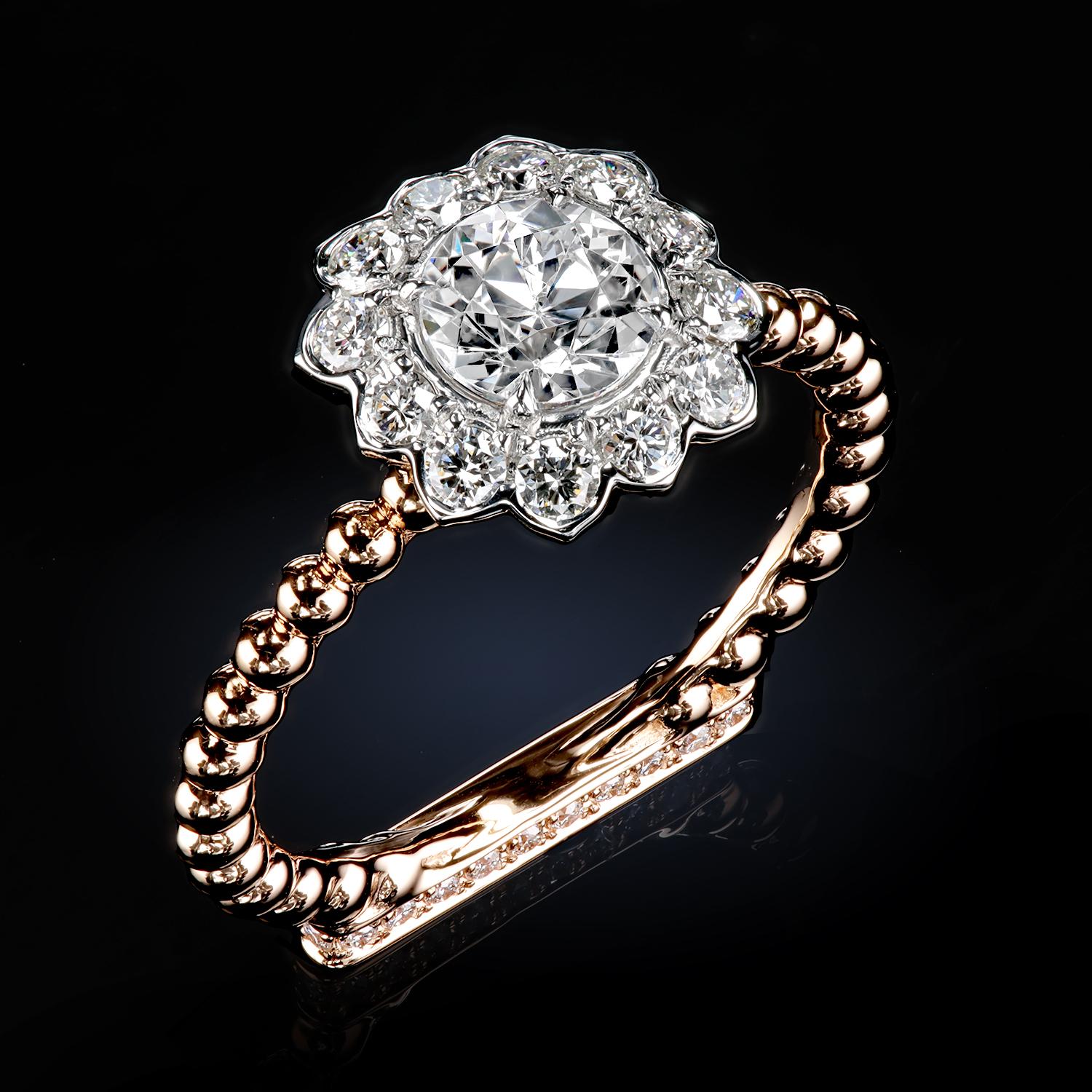 Contemporary  Leon Mege elegant halo ring with round diamond in platinum and 18K rose gold  For Sale