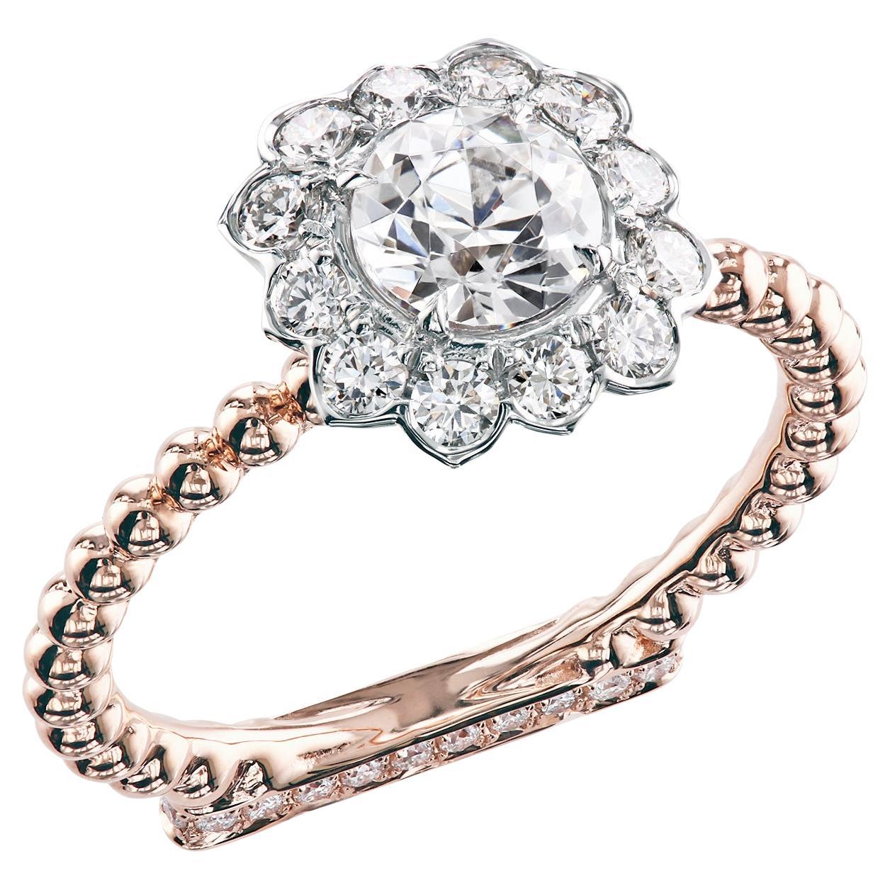  Leon Mege elegant halo ring with round diamond in platinum and 18K rose gold  For Sale