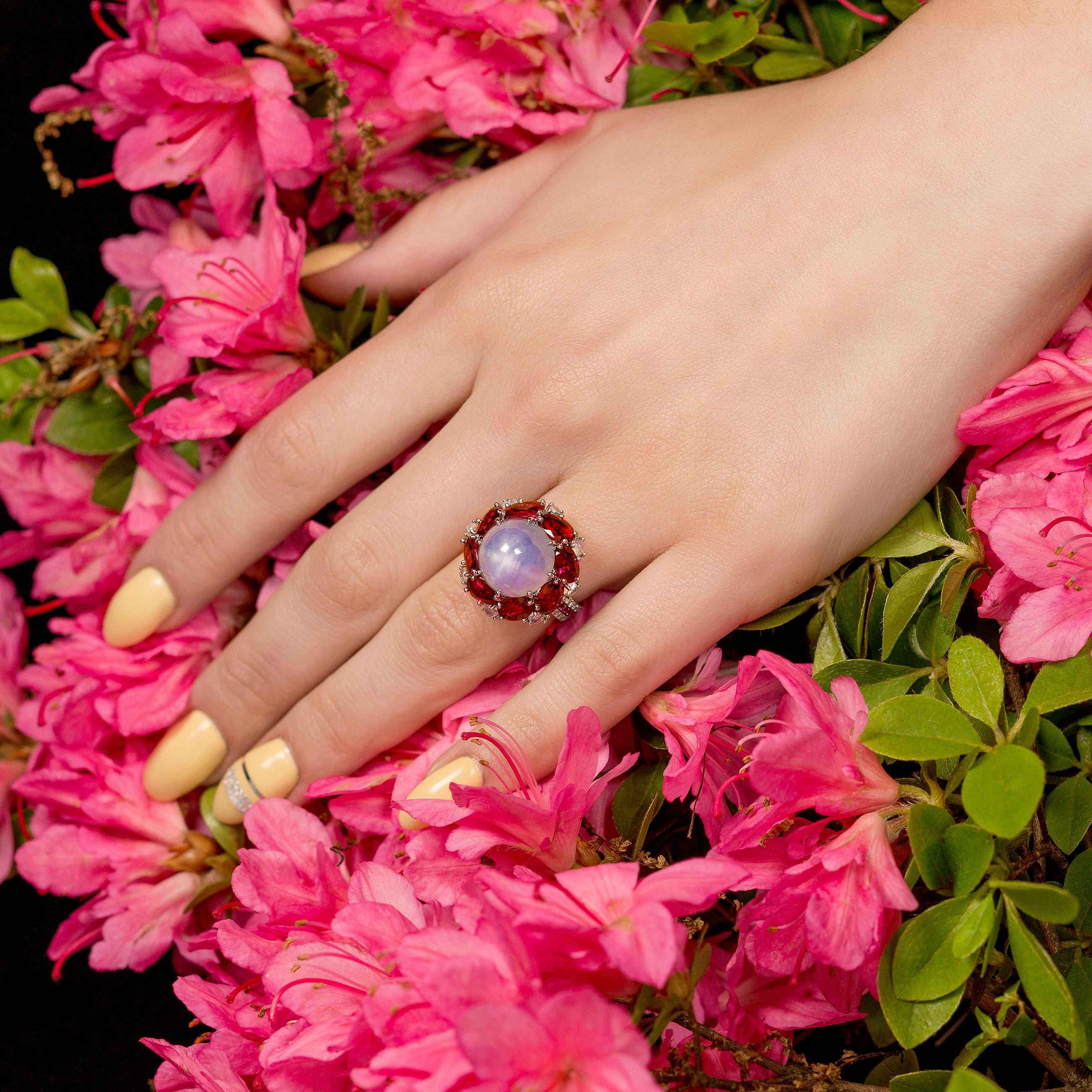 Contemporary Leon Megé GIA Cert Natural Cabochon Star Sapphire Ruby Diamond Moonstone Ring