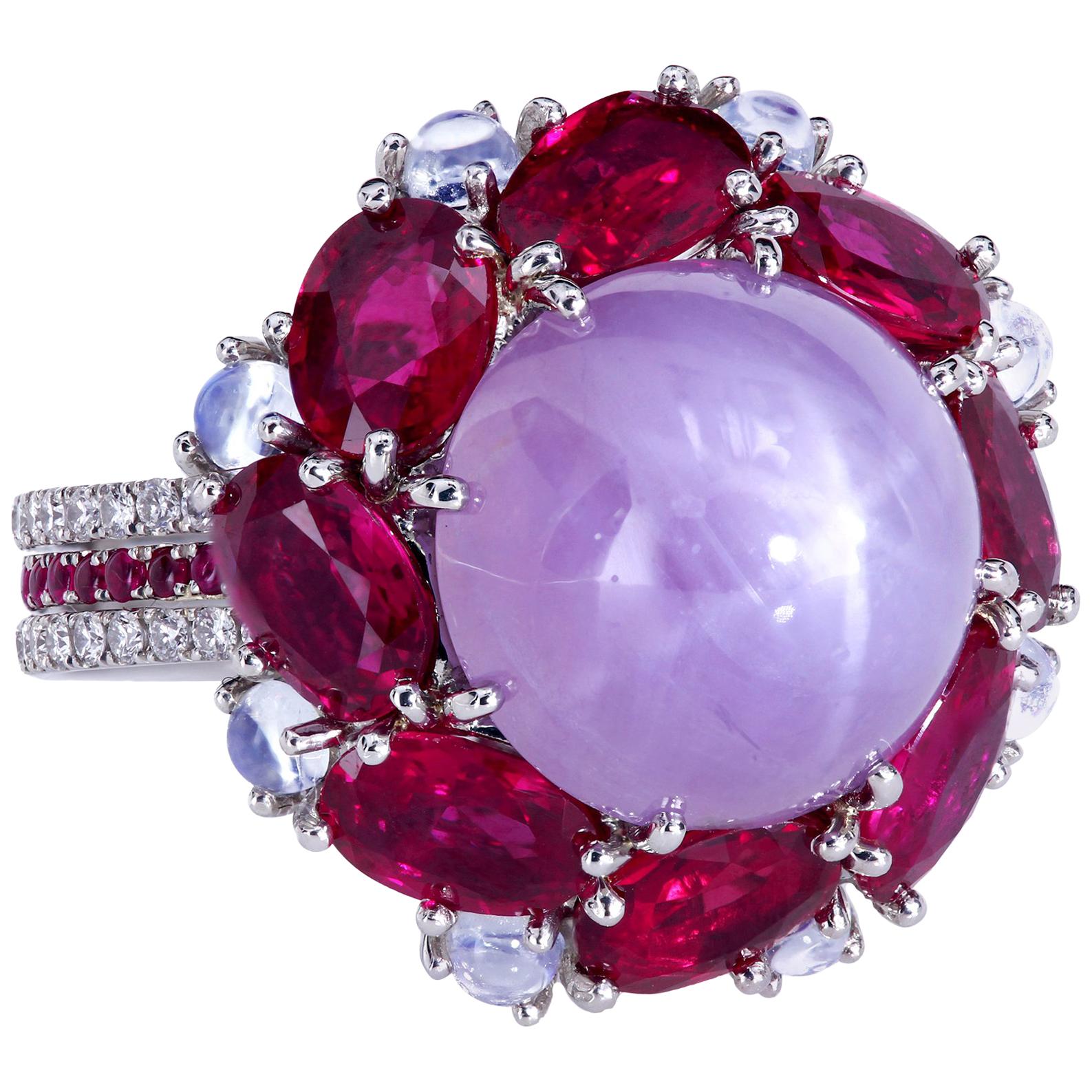 Leon Megé GIA Cert Natural Cabochon Star Sapphire Ruby Diamond Moonstone Ring