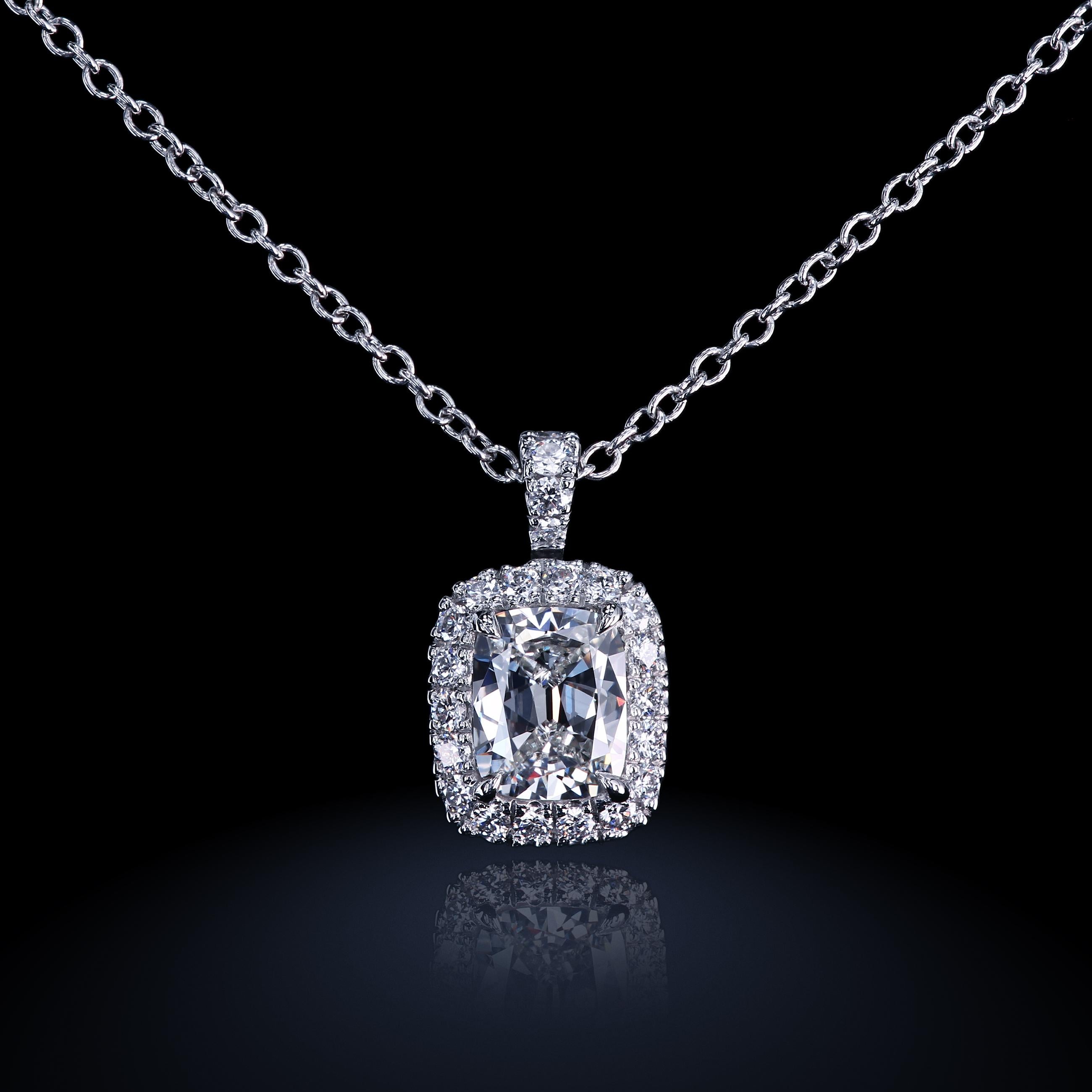 Cushion Cut Leon Mege GIA Certified 0.55 Carat H/VS1 Diamond Micro Pave Platinum Pendant