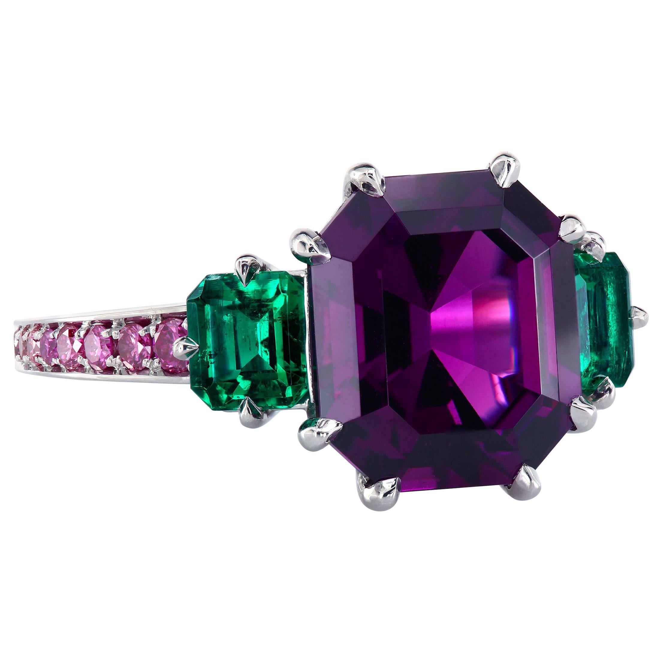 Leon Mege GIA Certified Purple Garnet with Emeralds Platinum Three-Stone Ring