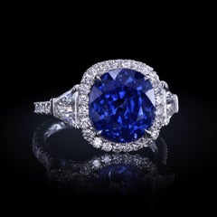 Leon Mege Halo Platinum Three-stone Ring with Certified Blue Cushion Sapphire