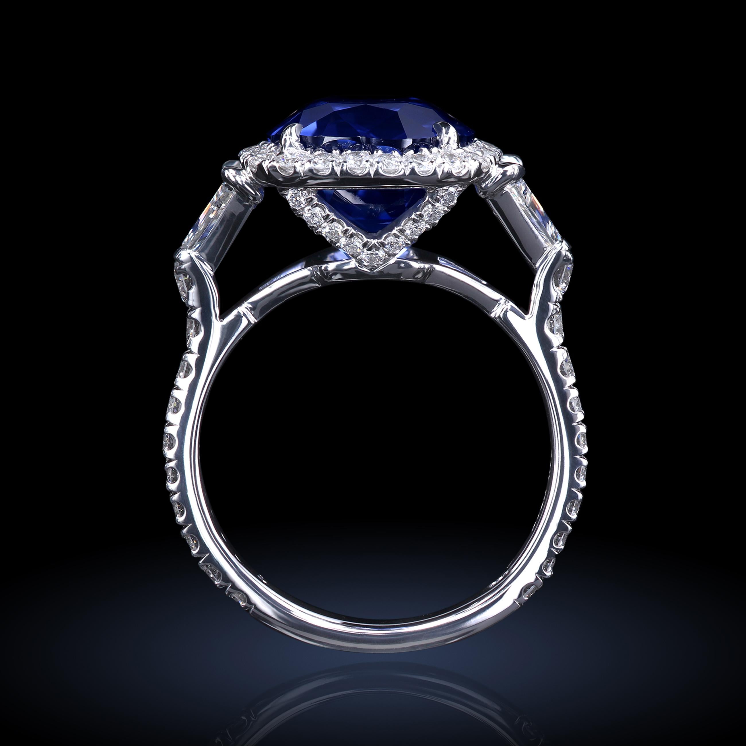 Leon Mege Halo Platinum Three-stone Ring with Certified Blue Cushion Sapphire  In New Condition For Sale In New York, NY
