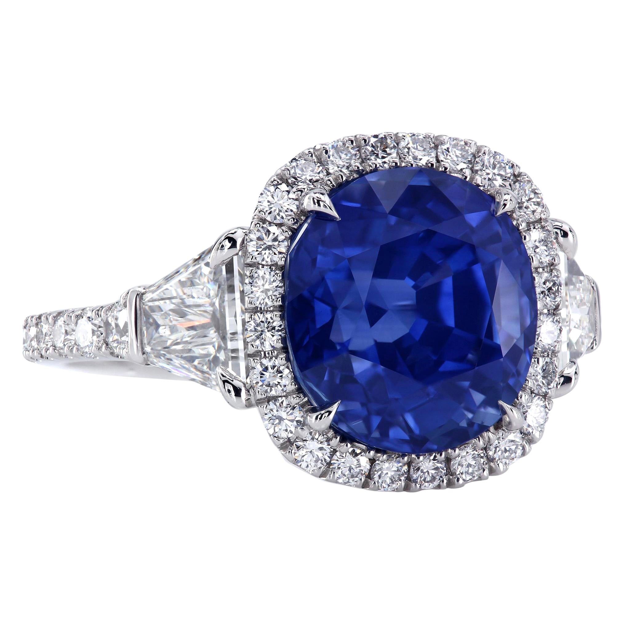 Leon Mege Halo Platinum Three-stone Ring with Certified Blue Cushion Sapphire 