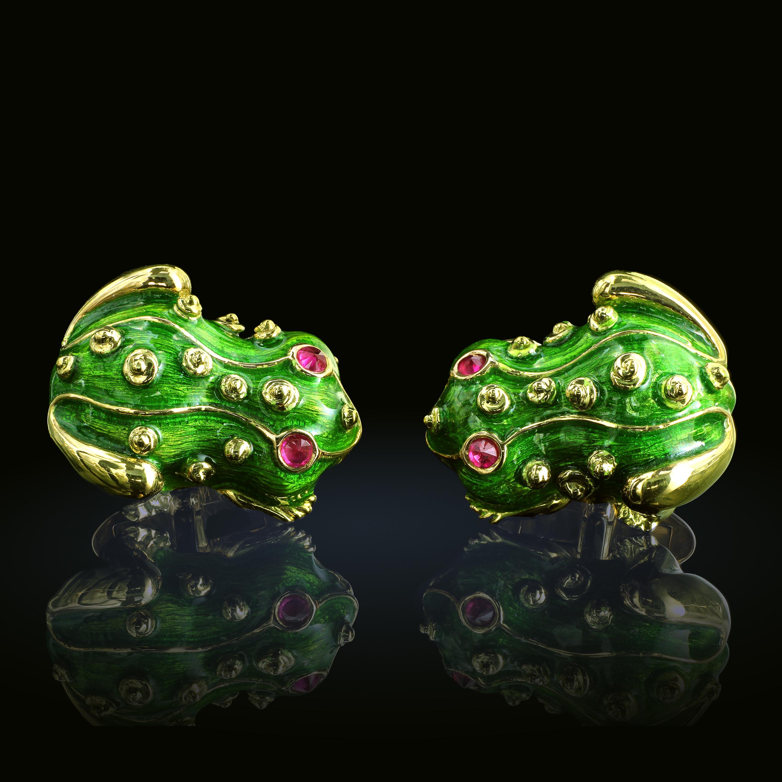 Contemporary Leon Mege Hand-Made 18K Gold Green Enamel Frog Cufflinks with Natural Ruby Eyes For Sale