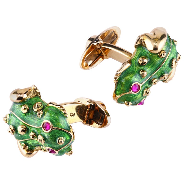Leon Mege Hand Made 18K Gold Green Enamel Frog Cufflinks with Natural ...