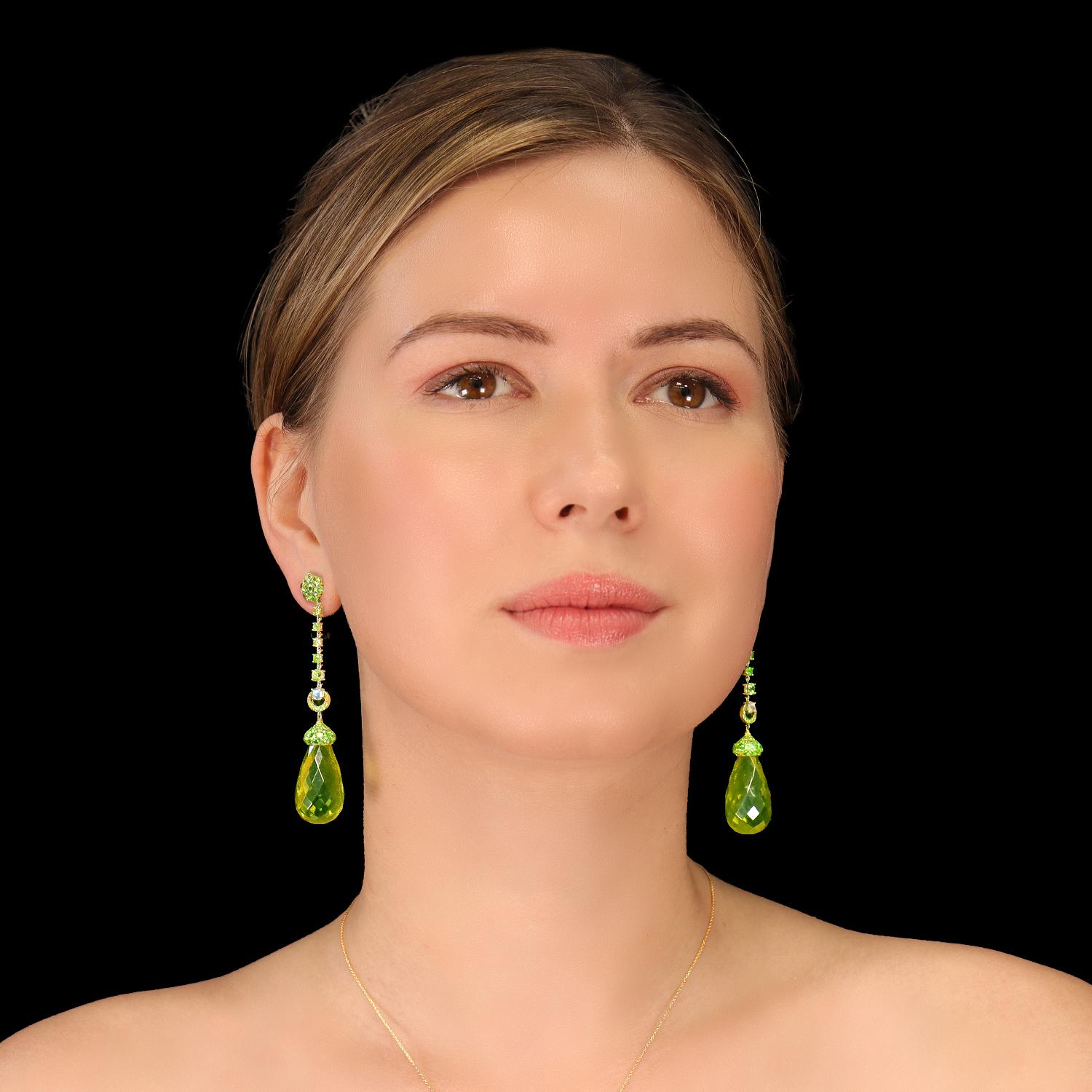 Gocce lunghe in stile Mughal con briolette di ambra verde brillante, rari granati demantoidi, granati tsavorite e pietre di luna birmane incastonate in platino e oro bianco 18 carati.
Gli orecchini sono lunghi 77 mm, ma possono essere