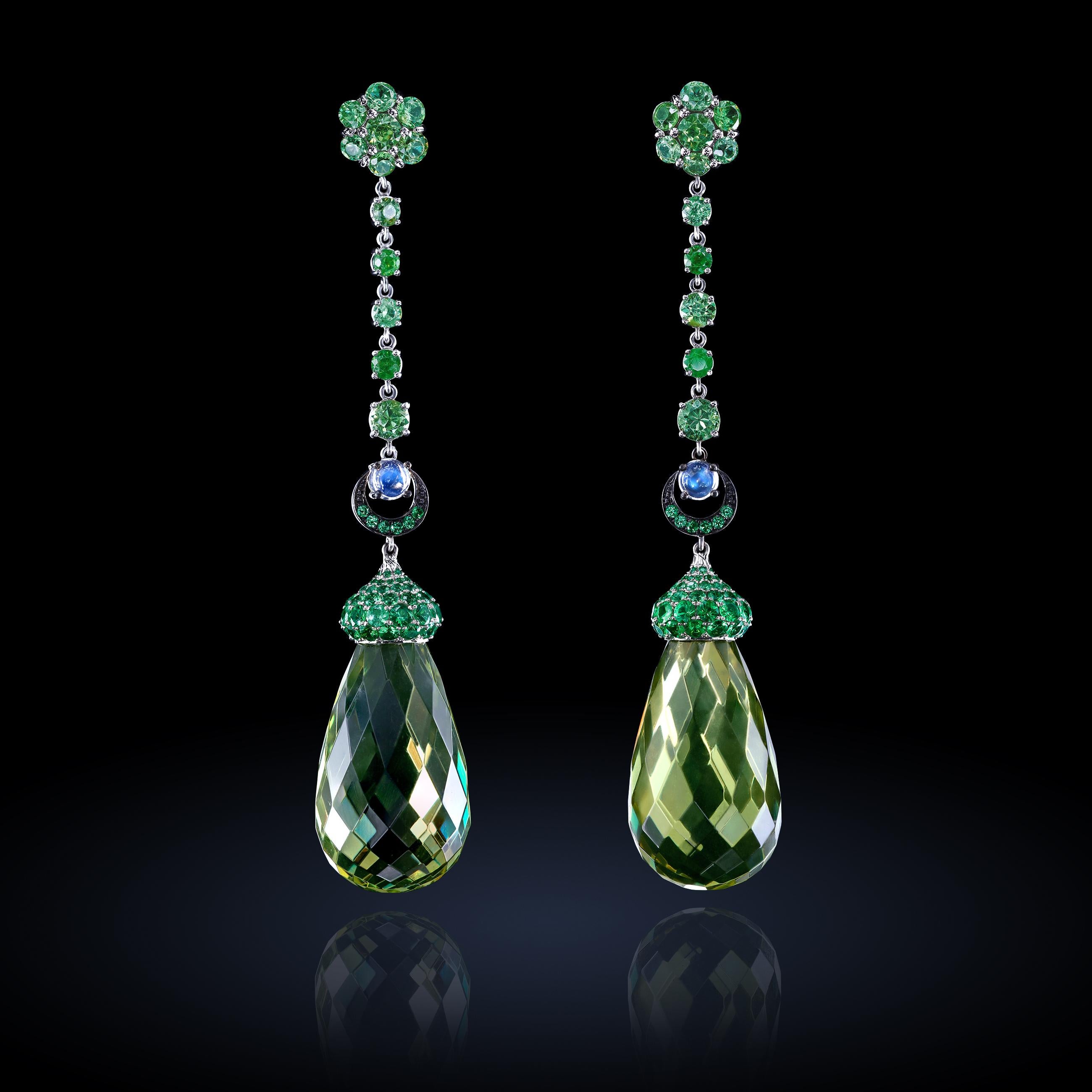 Briolette Cut Leon Mege long drop earrings with green amber tsavorite, garnet and moonstones For Sale