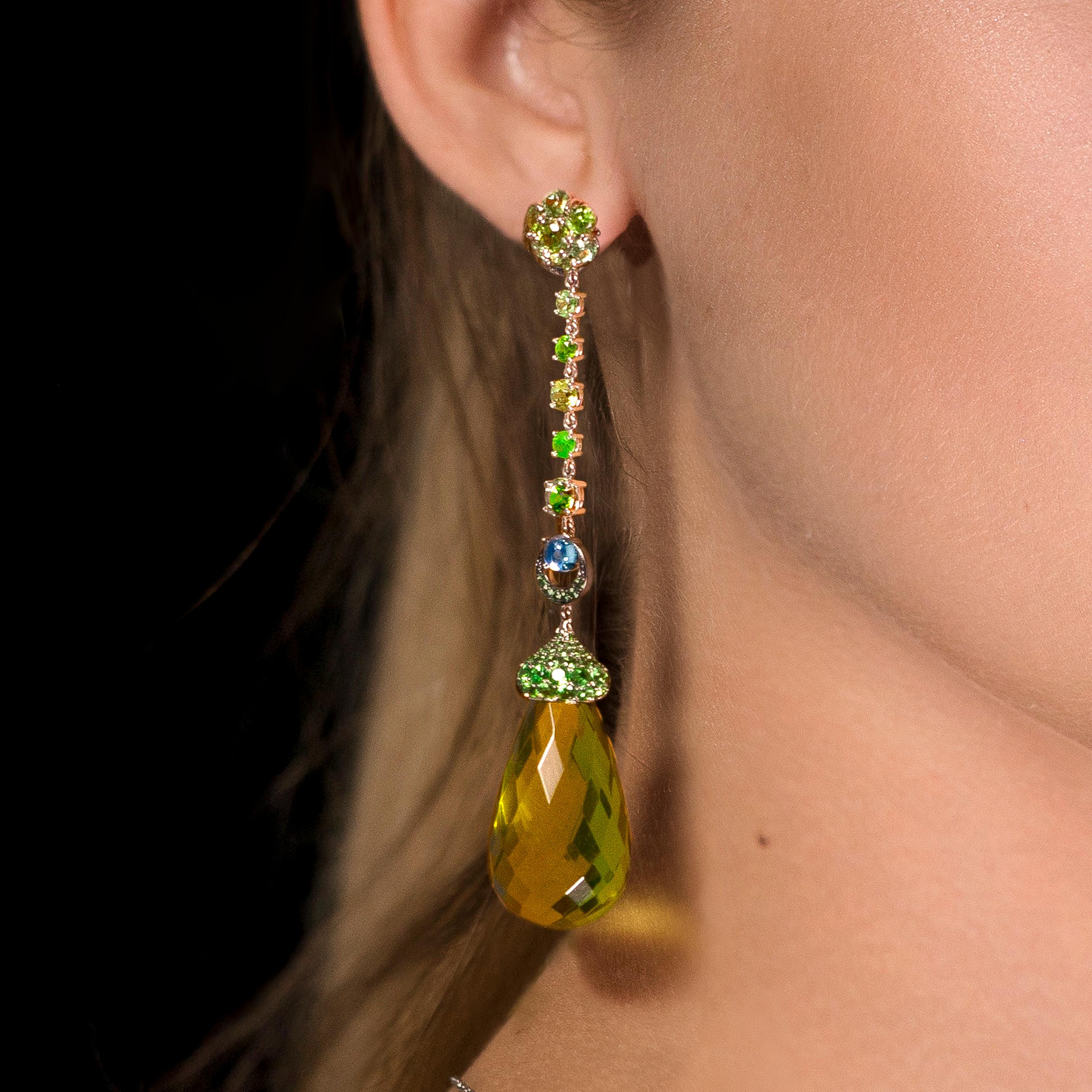 Leon Mege long drop earrings with green amber tsavorite, garnet and moonstones In New Condition For Sale In New York, NY