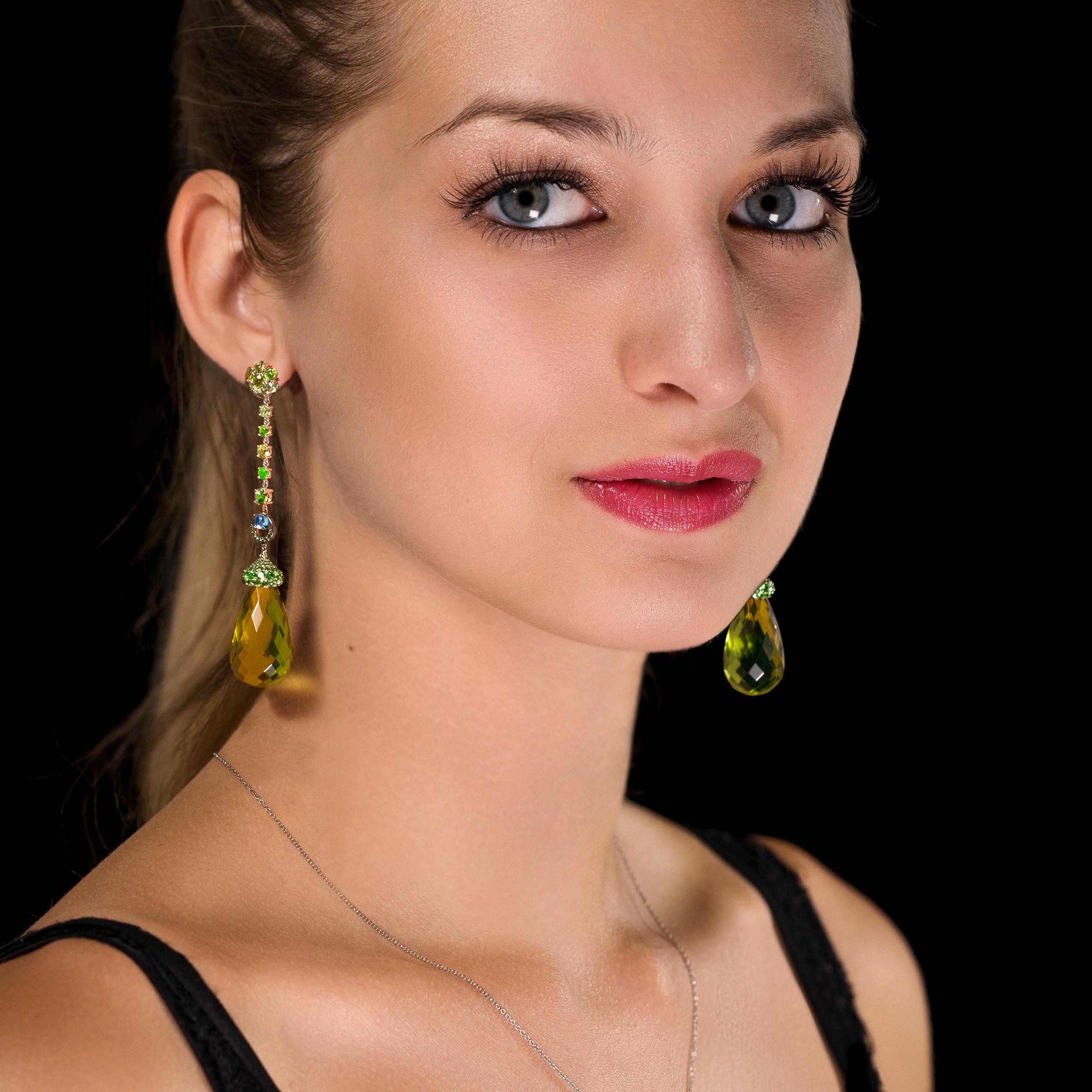 Leon Mege long drop earrings with green amber tsavorite, garnet and moonstones For Sale 1