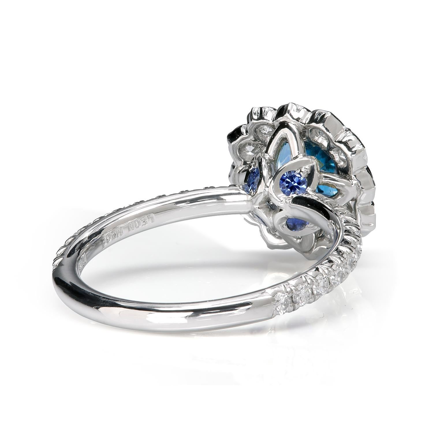 Contemporary Leon Mege Lotus Halo Engagement Ring with Blue Sapphire and Diamond Micro Pave For Sale