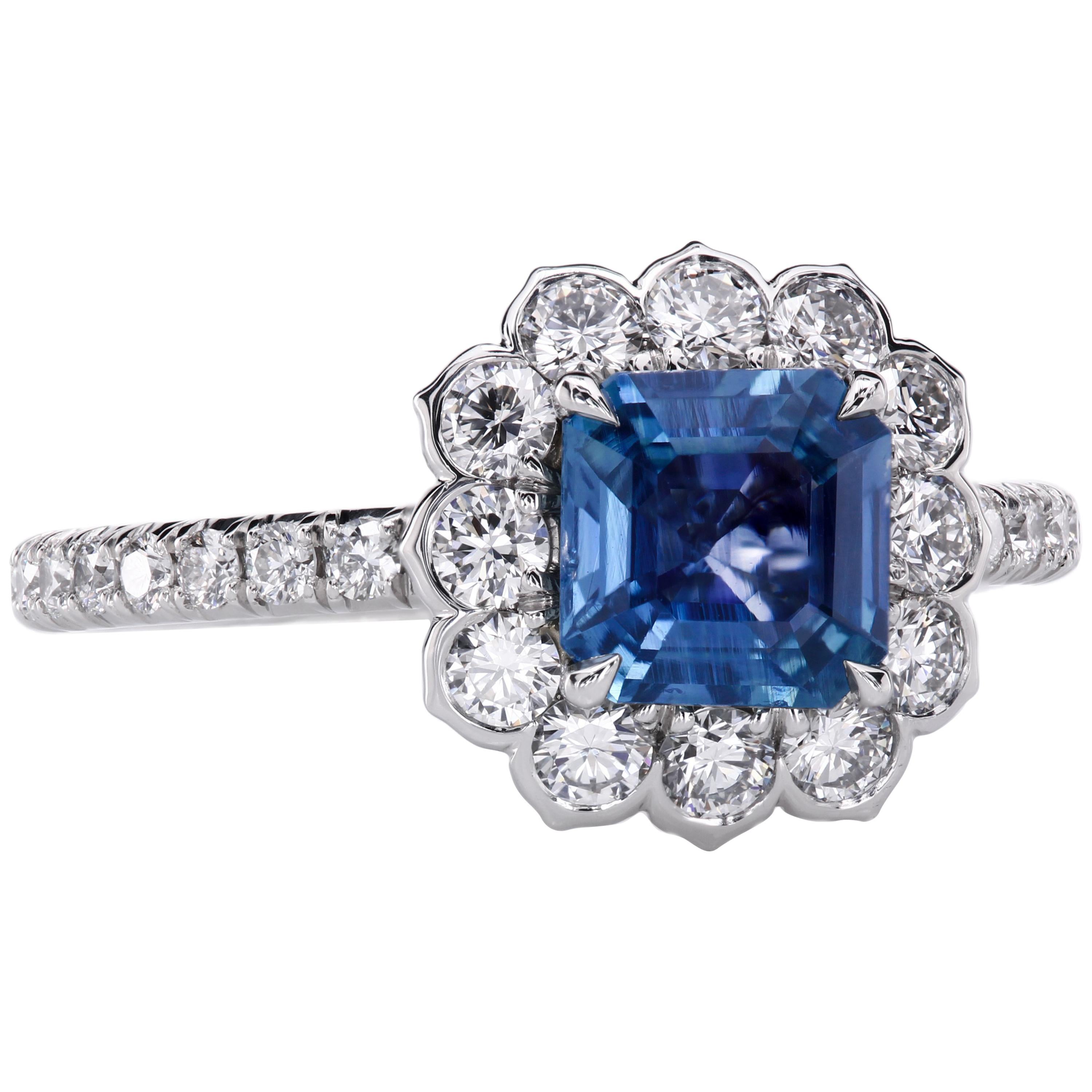 Leon Mege Lotus Halo Engagement Ring with Blue Sapphire and Diamond Micro Pave For Sale