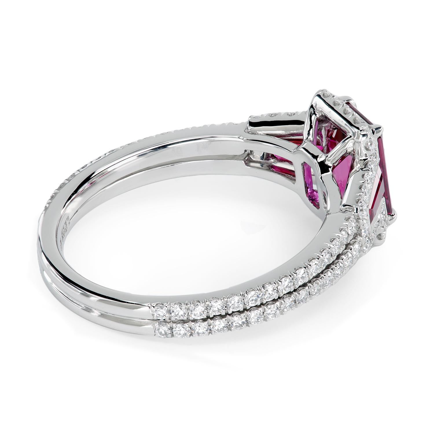 Emerald Cut Leon Mege Micro Pave Platinum Ring with Certified 1.06 Ct Emerald-Cut Ruby For Sale