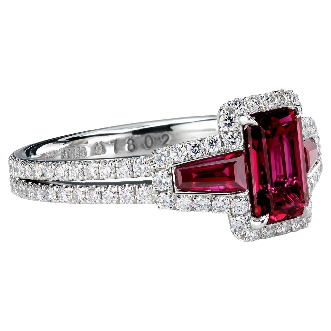 Leon Mege Micro Pave Platinum Ring with Certified 1.06 Ct Emerald-Cut Ruby For Sale