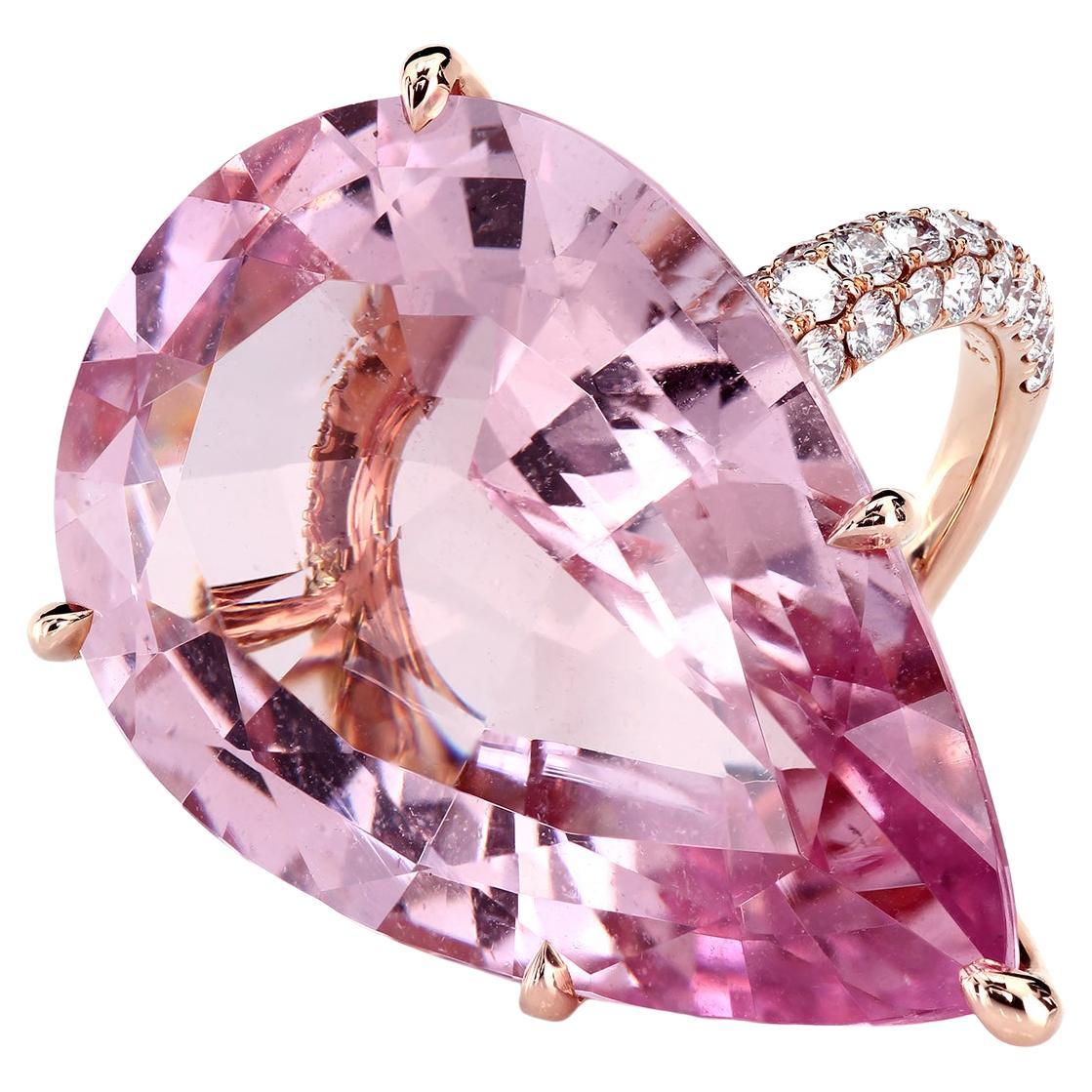 Leon Mege Micro Pave Ring with GIA Certified 35.73ct Pink Pear Shape Morganite For Sale