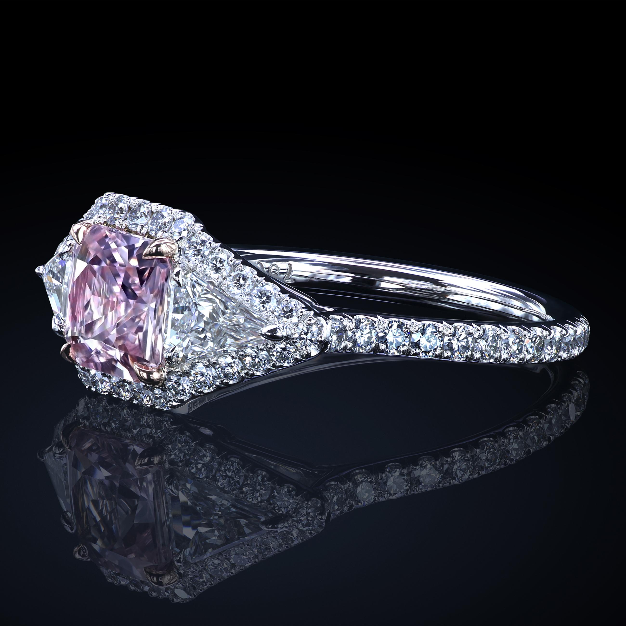 Asscher Cut Leon Mege Montpassier Style Platinum Diamond Ring with a Natural Pink Sapphire For Sale