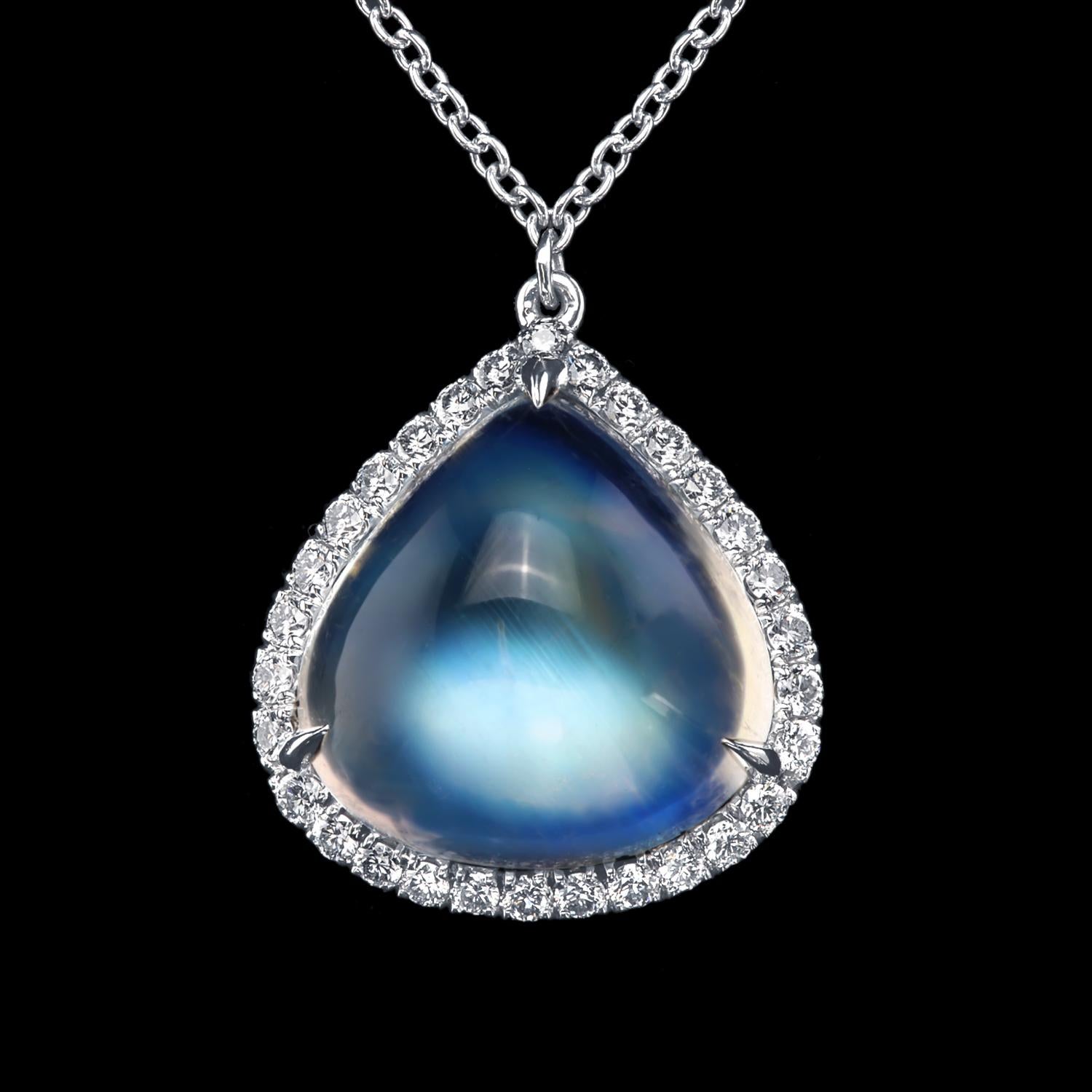 Contemporary Leon Mege Moonstone and Diamond Halo Necklace Platinum on Chain