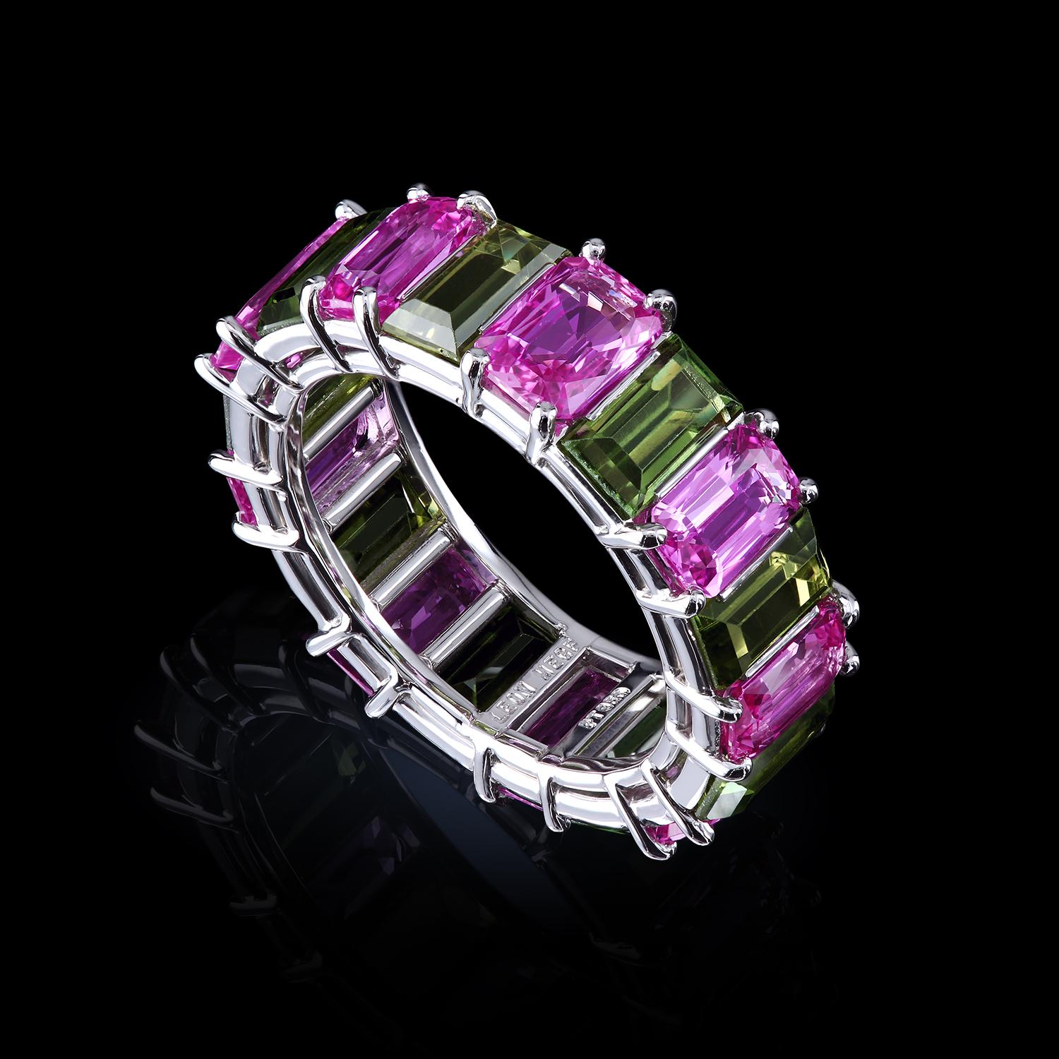 Emerald Cut Leon Mege Multi-Colored Natural Sapphires Shared-prong Eternity Band Platinum For Sale