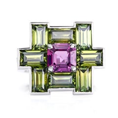 Leon Mege Natural Pink and Olive Sapphires Diamond Platinum Ring