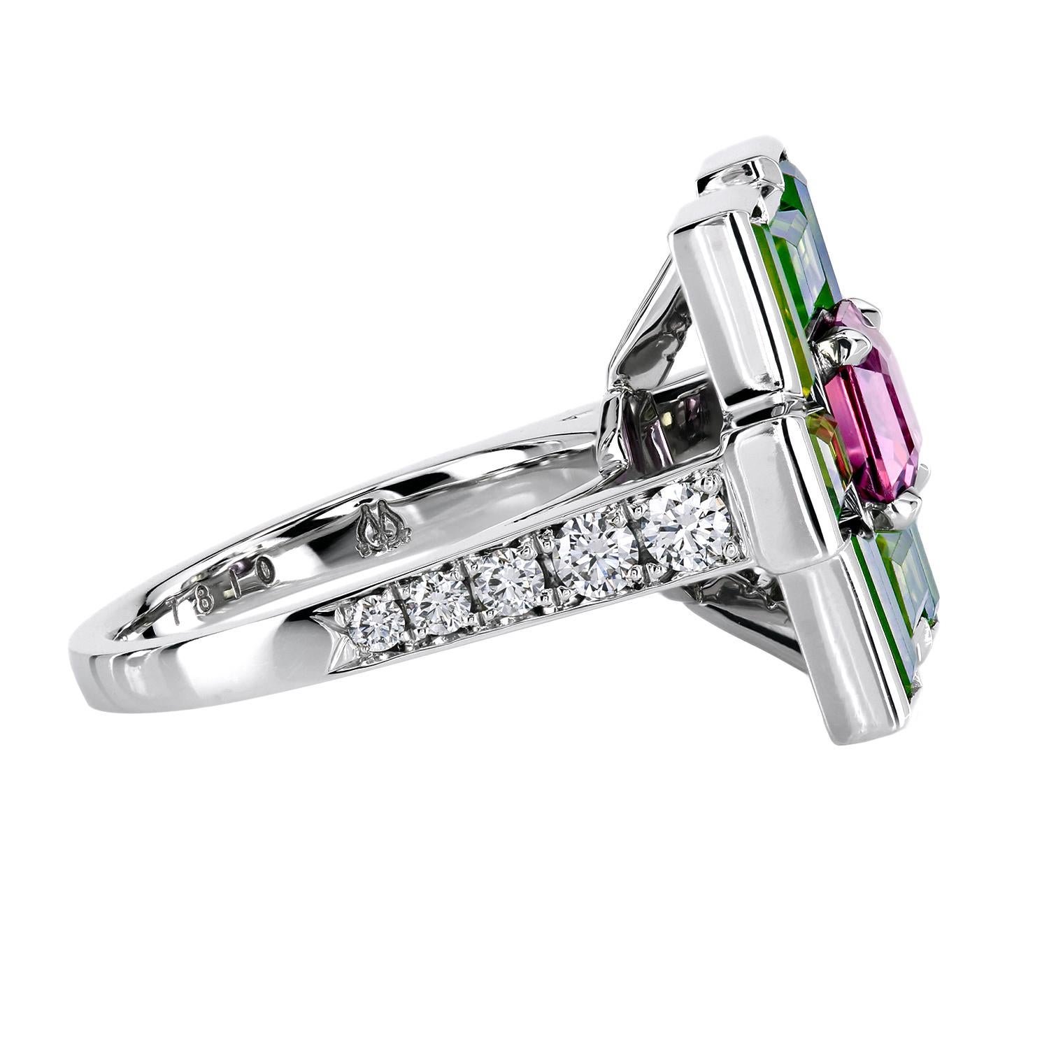 Art Nouveau Leon Mege Natural Pink and Olive Sapphires Diamond Platinum Ring For Sale