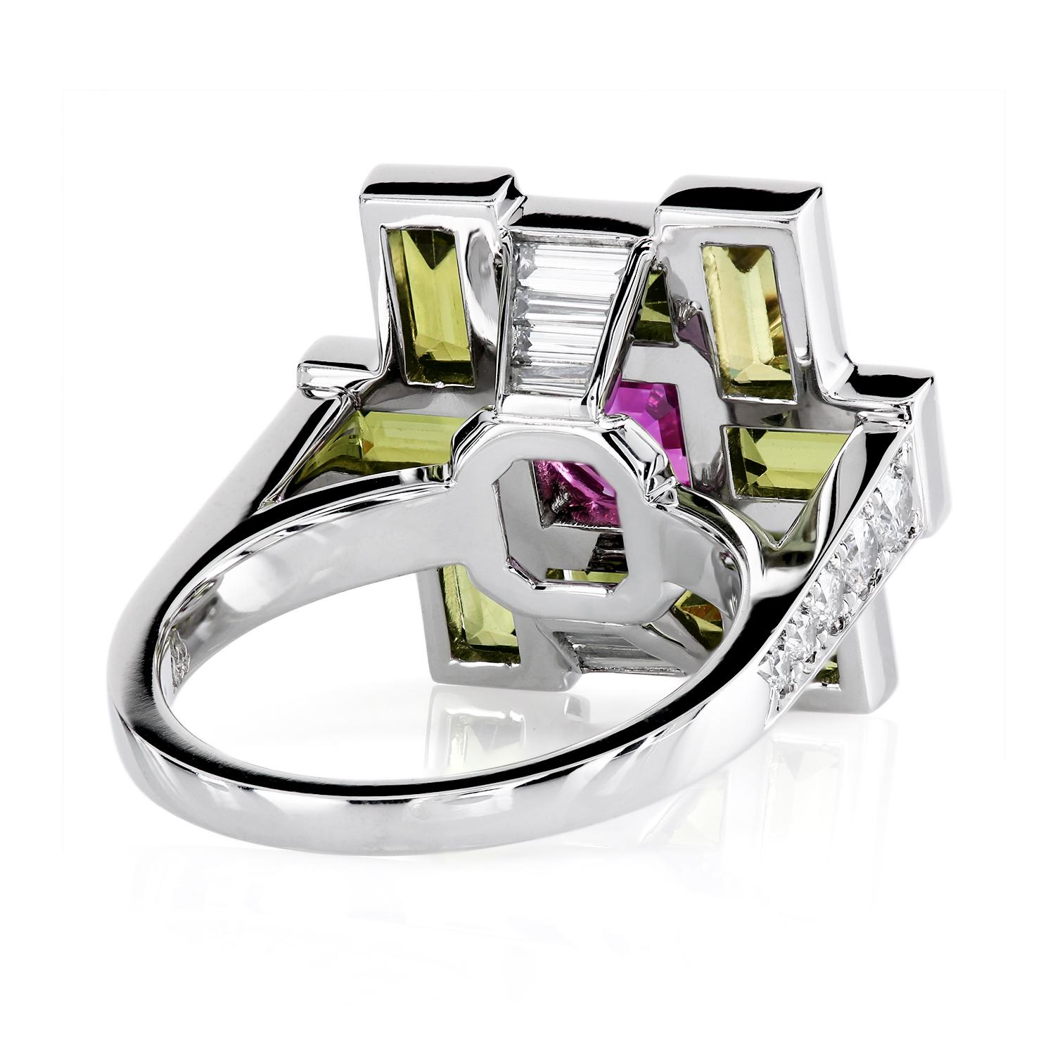 Asscher Cut Leon Mege Natural Pink and Olive Sapphires Diamond Platinum Ring For Sale