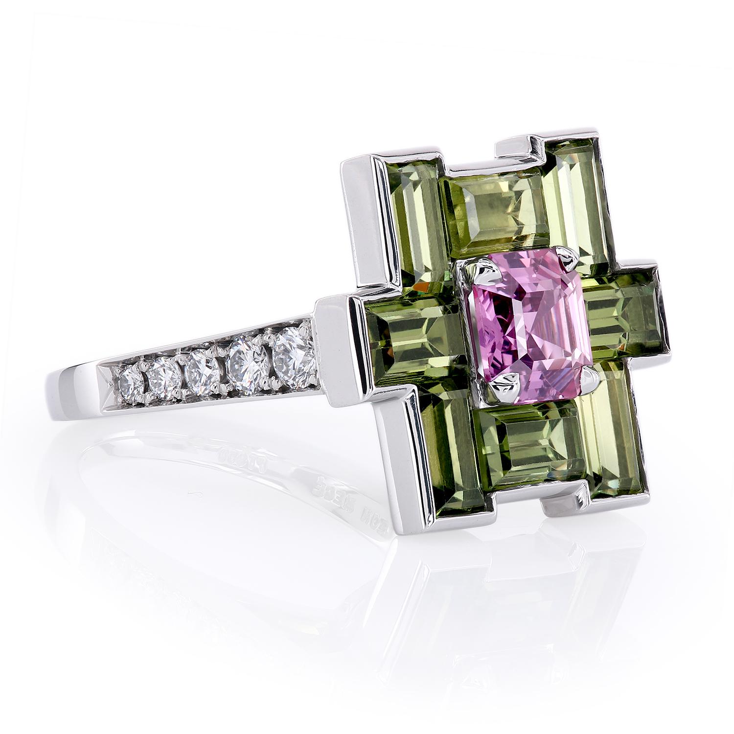 Leon Mege Natural Pink and Olive Sapphires Diamond Platinum Ring In New Condition For Sale In New York, NY