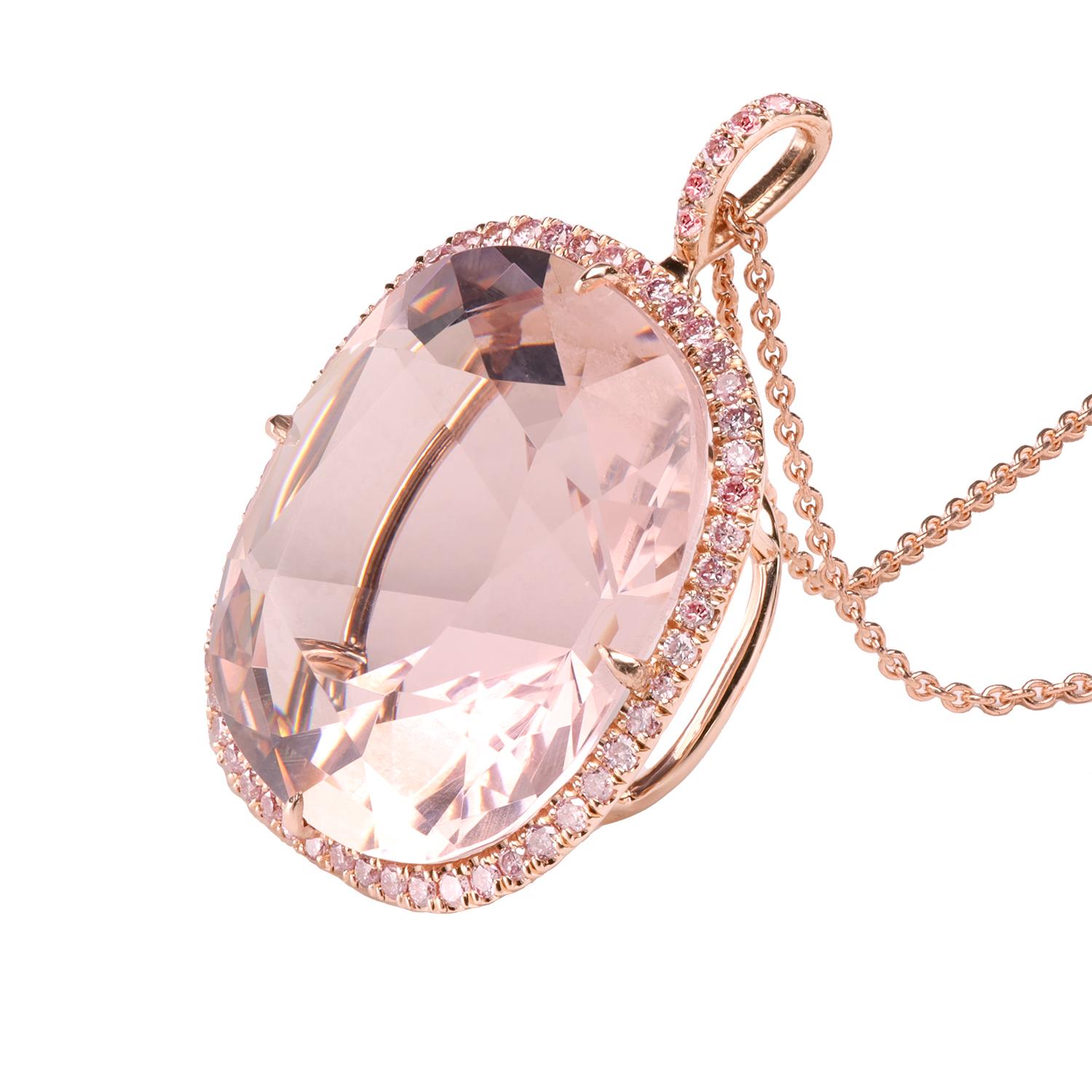 Brimming with life, this sumptuous pendant exudes glamor and sparkle thanks to bespoke magic by Maestro of Brilliance: Leon Mege. An elegant rose gold pendant with the stunning vintage cut 15.59-carat natural morganite is mounted in a prong setting