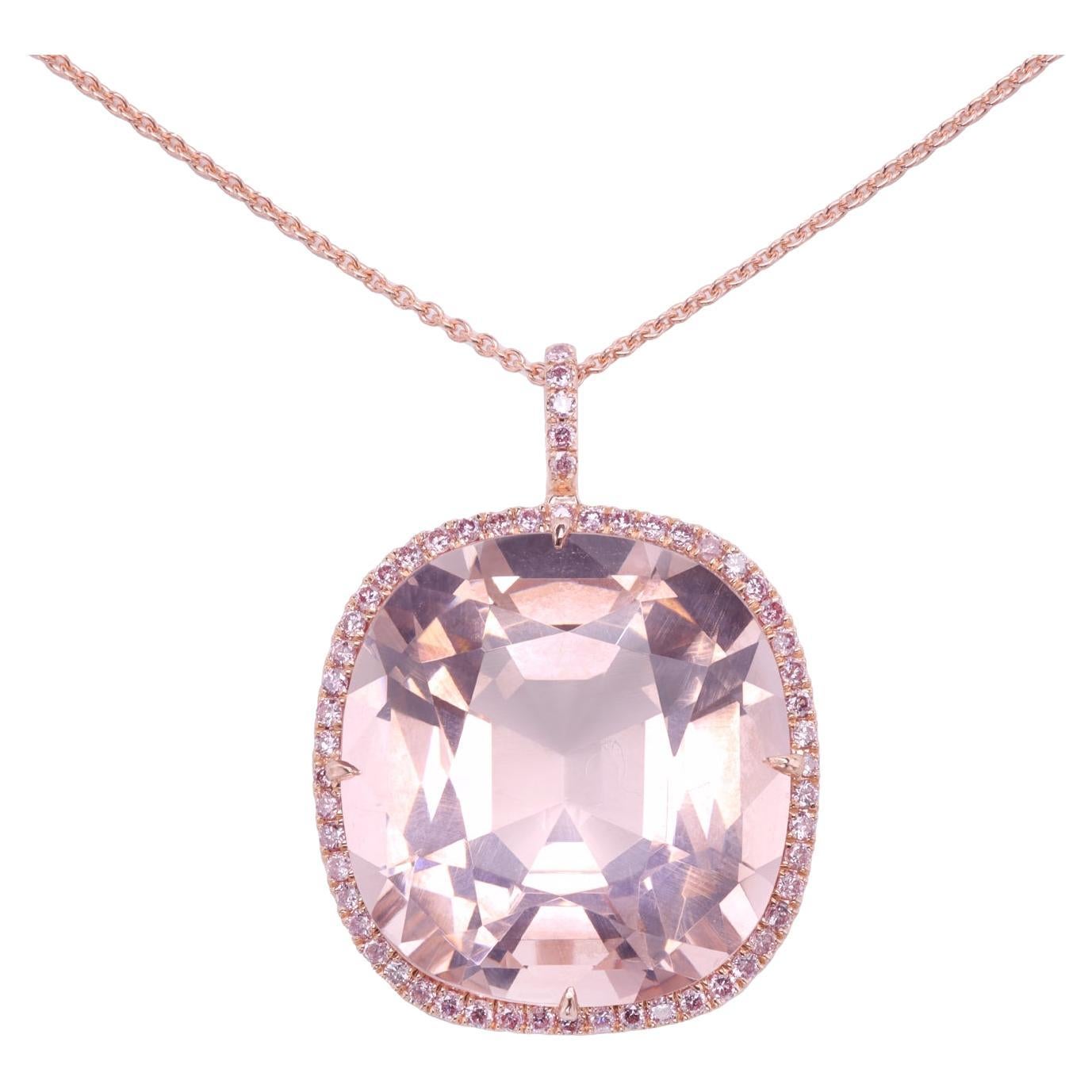 Leon Megé Pink Diamonds Halo Pendant with Natural Cushion Pink Morganite For Sale
