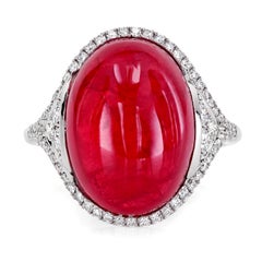 Leon Mege Platinum Art Deco Style Ring with Cabochon Rhodonite and Diamond Pave