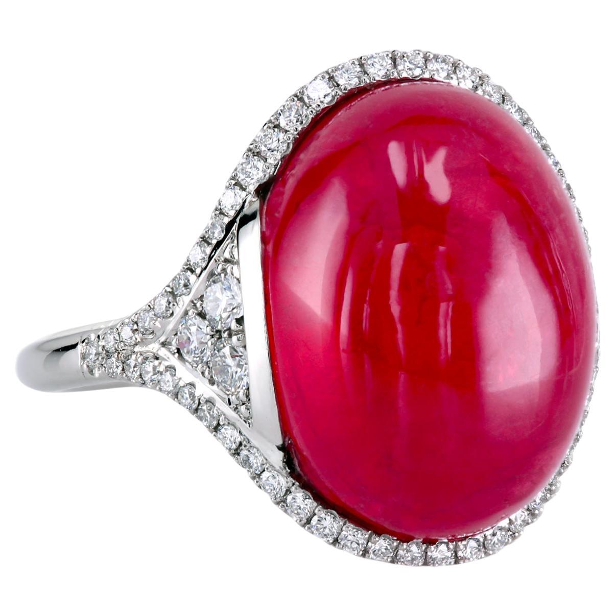 Leon Mege Platinum Art Deco Style Ring with Cabochon Rhodonite and Diamond Pave 