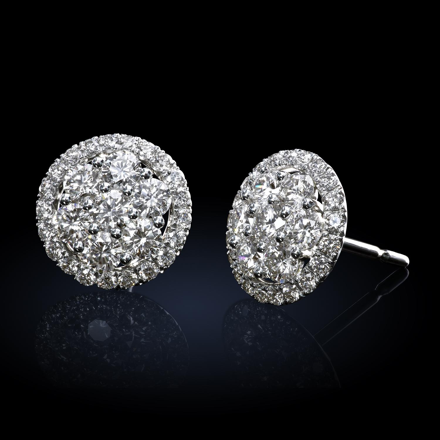 Round Cut Leon Mege Platinum Cluster Studs For Sale