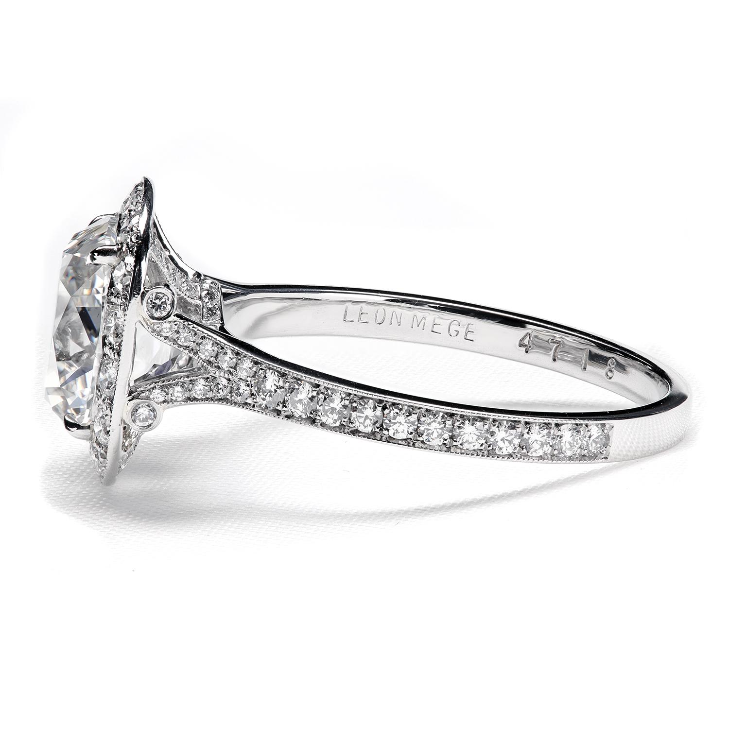 Art Deco Leon Mege platinum diamond ring with 2.57-carat cushion diamond For Sale