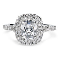 Bague double halo en platine de Léon Mégé avec diamant coussin taille ancienne de 1,01 carat