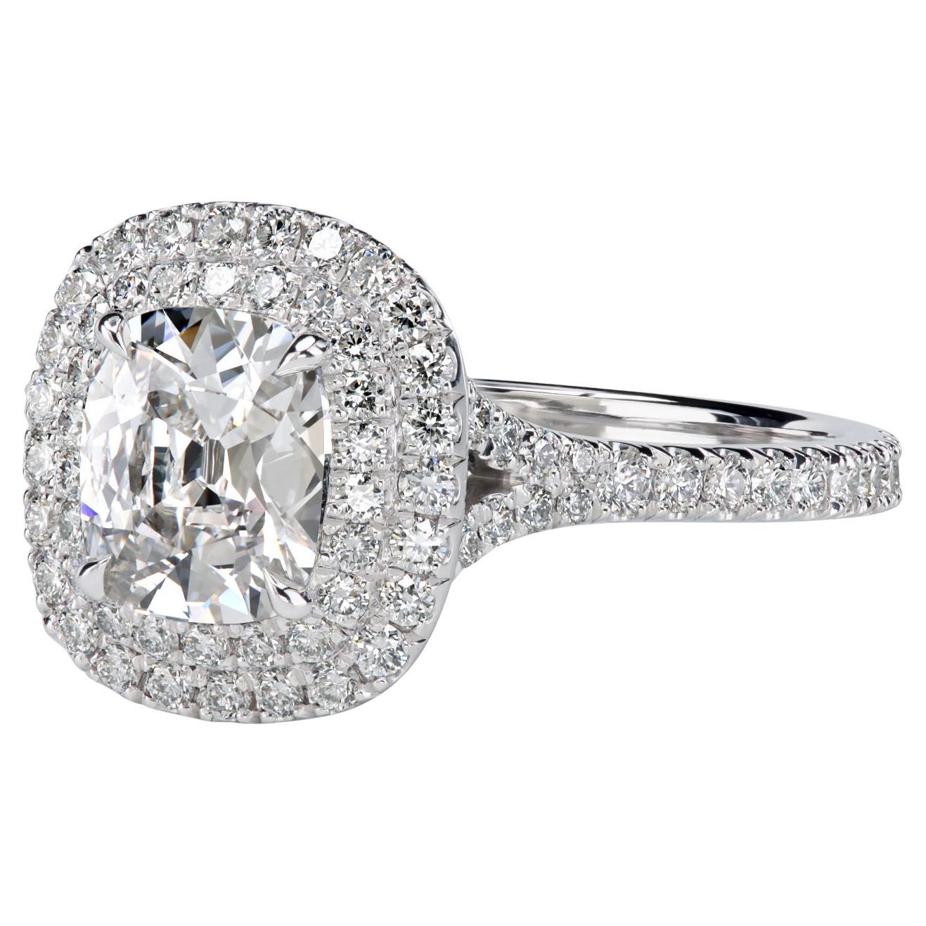 Leon Megé Platinum Double Halo Ring with 1.01-carat Antique Cut Cushion Diamond For Sale