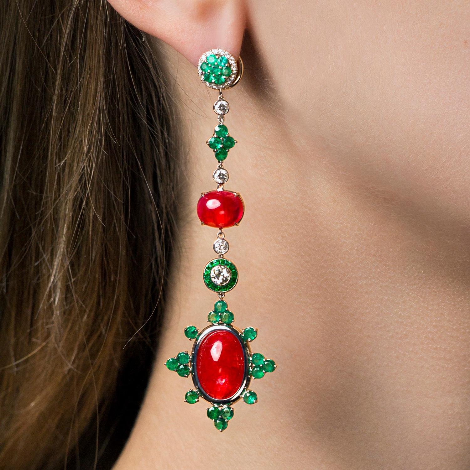 Contemporary Leon Mege platinum drop earrings with Rhodonites, emeralds and diamonds For Sale