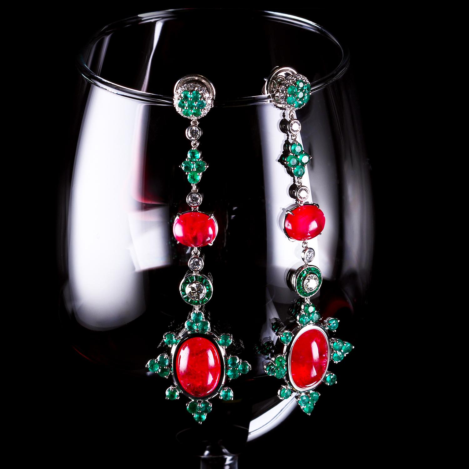 Cabochon Leon Mege platinum drop earrings with Rhodonites, emeralds and diamonds For Sale