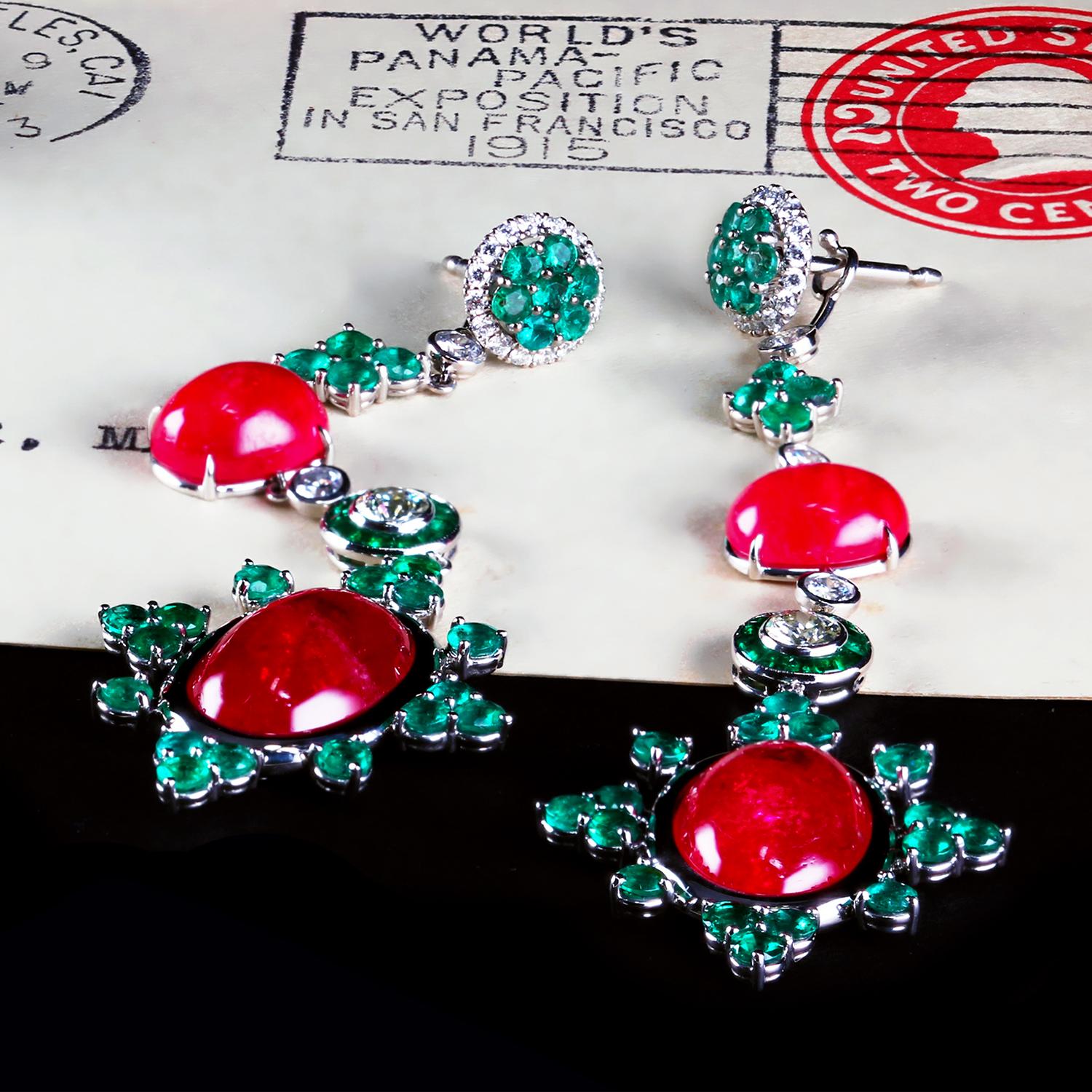 Women's Leon Mege platinum drop earrings with Rhodonites, emeralds and diamonds For Sale