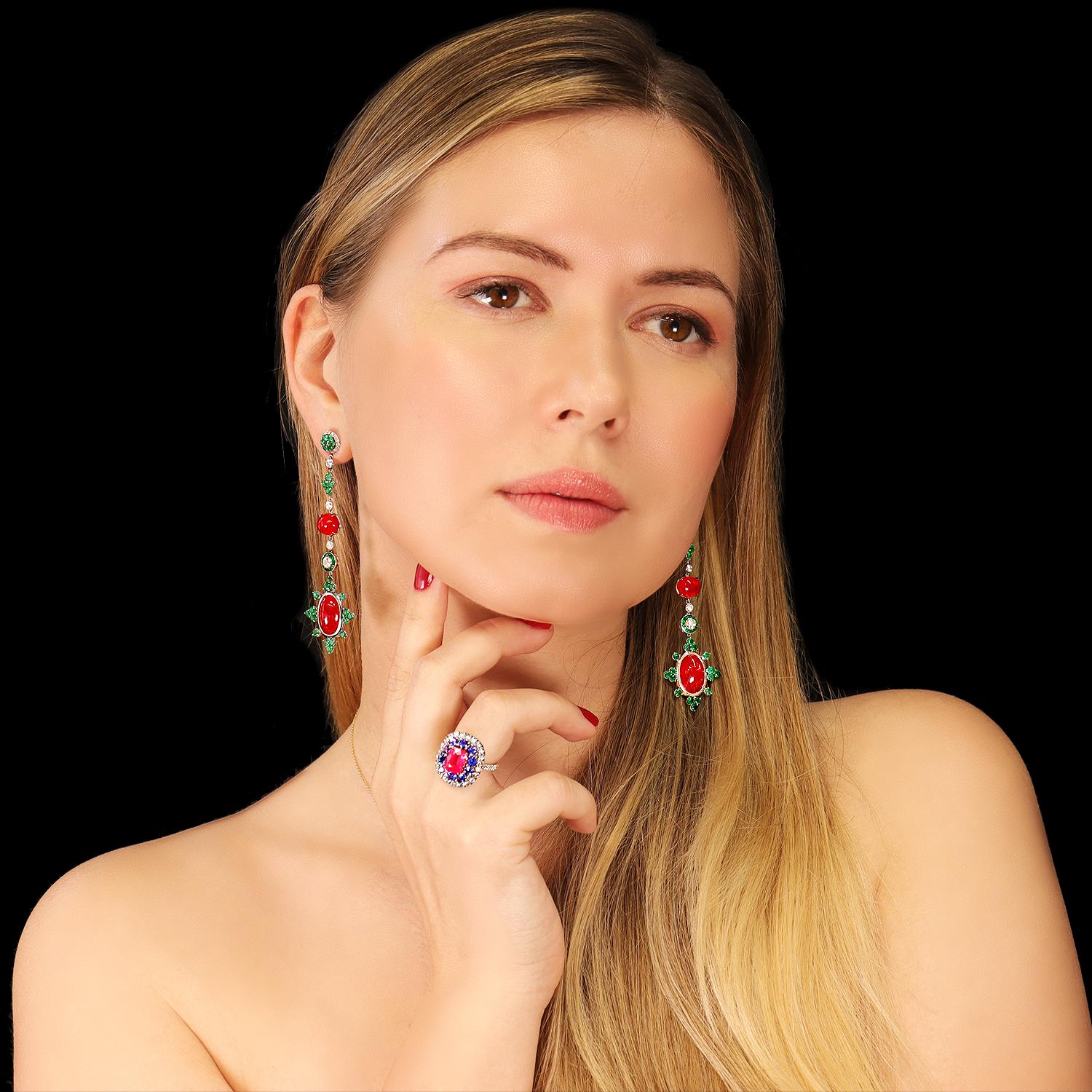 Leon Mege platinum drop earrings with Rhodonites, emeralds and diamonds For Sale 1